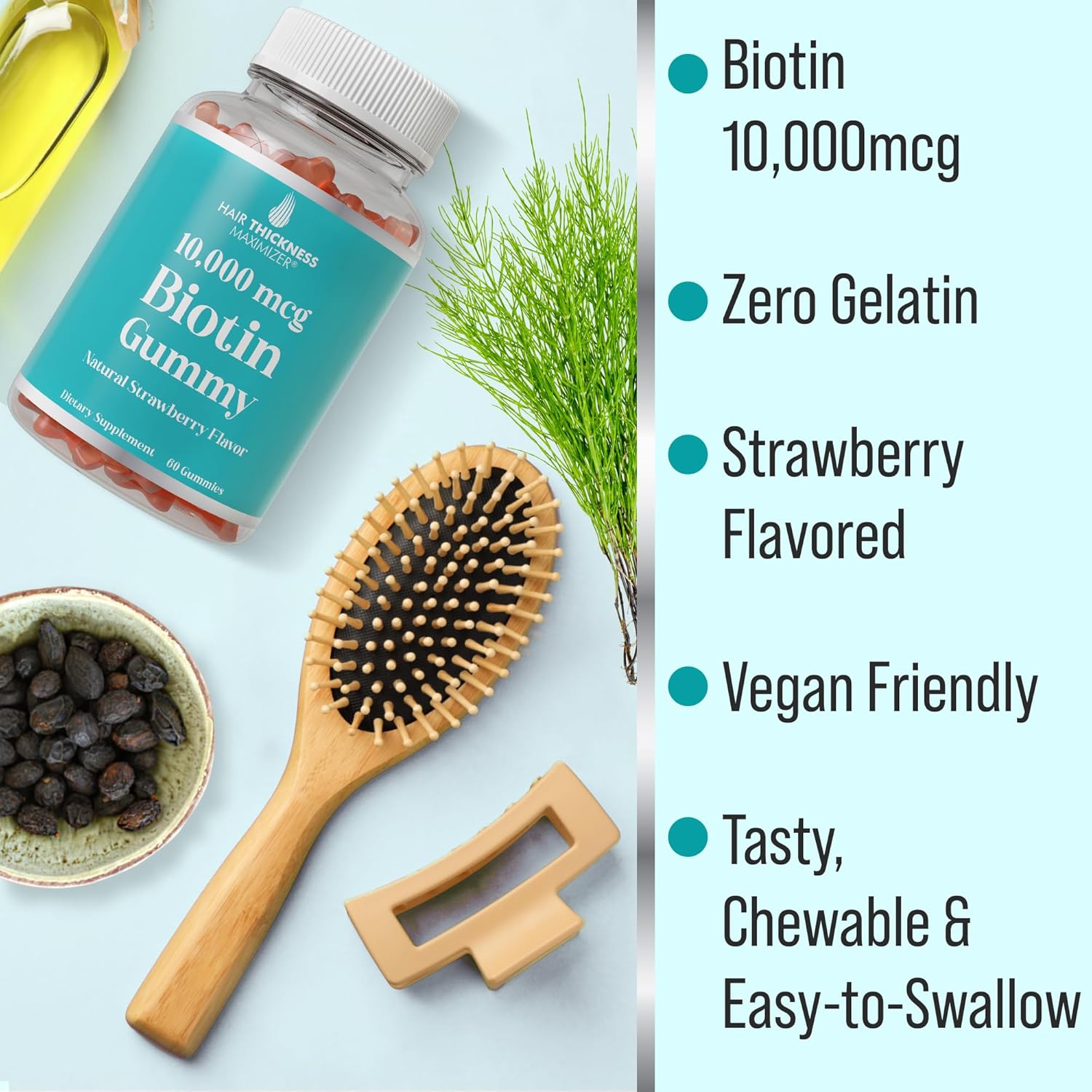 strawberry-flavored-hair-thickness-maximizer-biotin-gummies---10000mcg-vegan-chewables-for-hair-skin-and-nails---supports-growth-and-thickness-radiant-skin---women-and-men-friendly-2