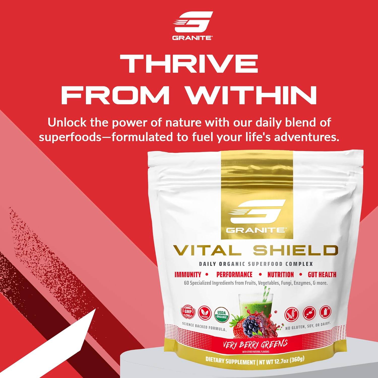 Granite Supplements Vital Shield Very Berry Greens Superfood Powder - Supports Performance, Gut Health, Immunity, & Nutrition - 30 Servings - Espot.com.au