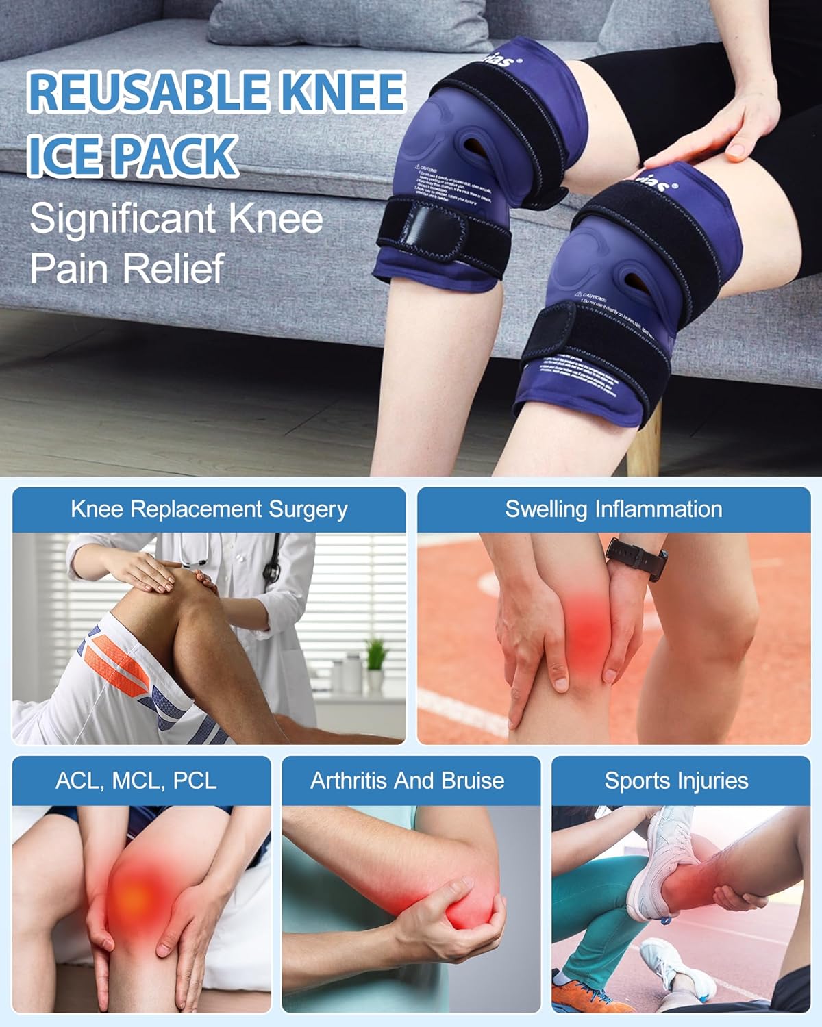 Reusable Gel Ice Pack for Knee Pain Relief - 14.4" Ice Pack Wrap for Injuries, Knee Replacement Surgery, Swelling, Arthritis, Meniscus Tear, and ACL - Blue - Espot.com.au