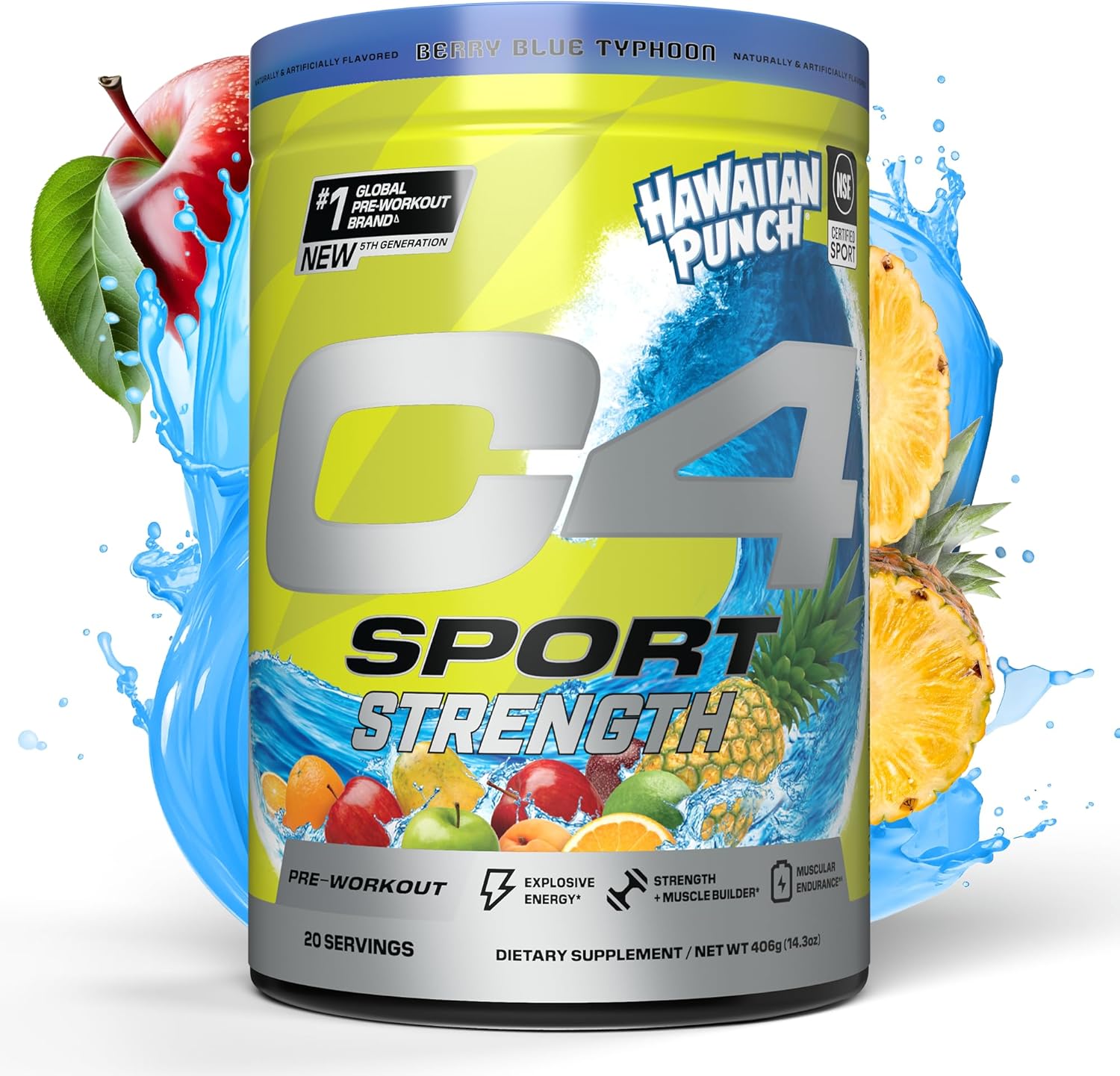 NSF Certified Cellucor C4 Sport Strength Pre Workout Powder with Beta-Alanine, Creatine, 200mg Caffeine - Sugar Free Energy Supplement in Hawaiian Punch Berry Blue Flavor - 20 Servings for Men & Women - Espot.com.au