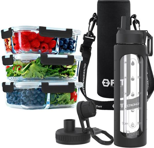 fit-strong-healthy-glass-meal-prep-containers-bundle-with-35-oz-water-bottle---black-lid-straw-time-marker-sleeve-holder-1