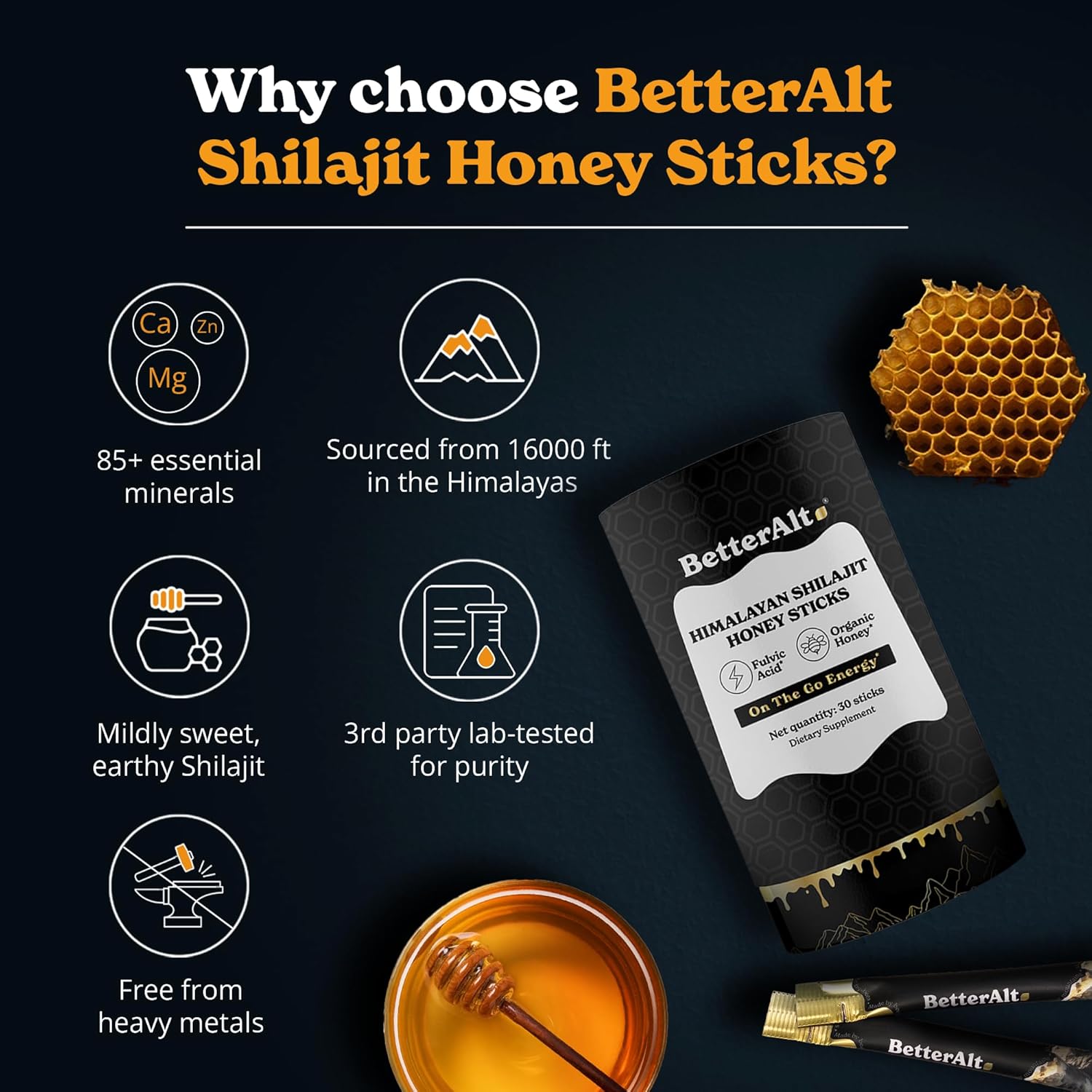 Organic Honey & Saffron Infused Himalayan Shilajit Sticks - Easy Consumption, Energy Boost, Immune Support - 30 Sticks, 85+ Trace Minerals, 75%+ Fulvic Acid - Espot.com.au