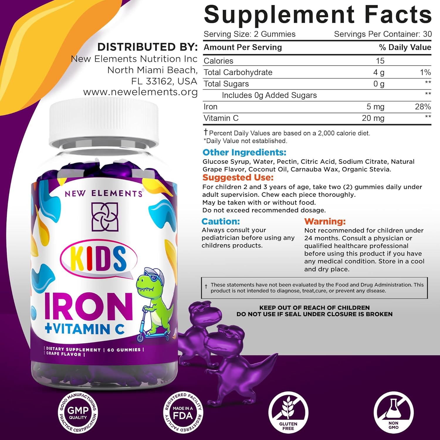 Iron Gummies for Kids with Vitamin C - Sugar Free, Enhanced Energy & Blood Health Support - Anemia Relief - Gluten-Free, Non-GMO, Vegan - Natural Grape Flavor - Crafted with Pectin for Optimal Health - Espot.com.au