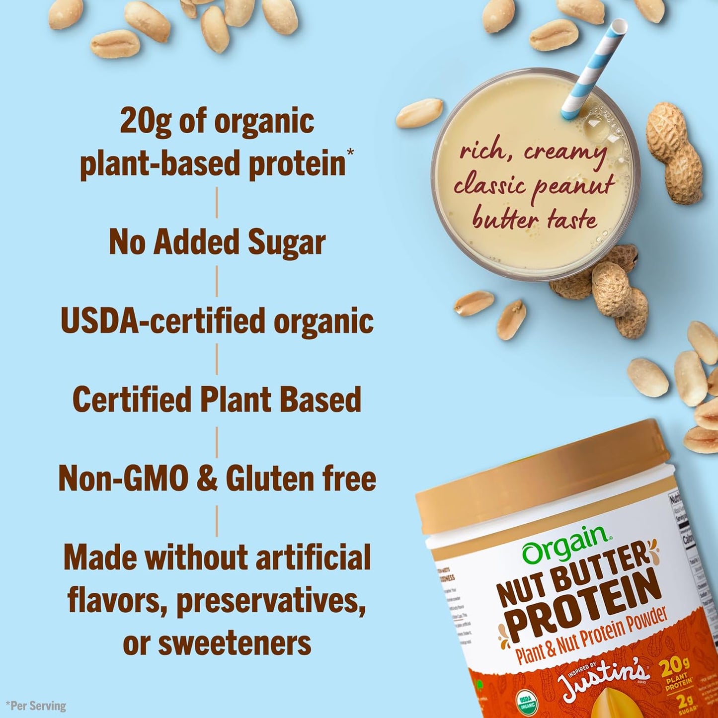 orgain-x-justins-organic-vegan-peanut-butter-protein-powder---20g-plant-protein-gluten-free-dairy-free-no-artificial-flavors---117-lb-6