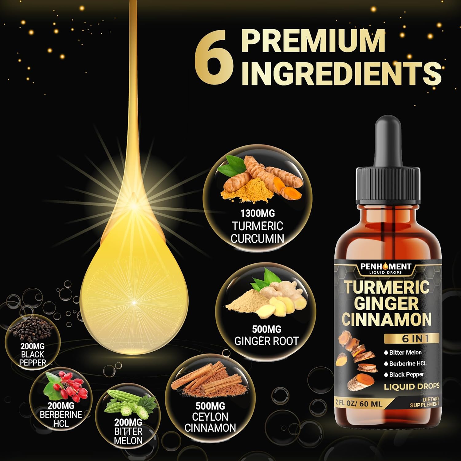 Premium 6-in-1 Liquid Turmeric Curcumin Supplement with Ginger, Berberine, Ceylon Cinnamon, Bitter Melon & Black Pepper - Joint Support Drops - 2FL oz - 60 Servings - Espot.com.au