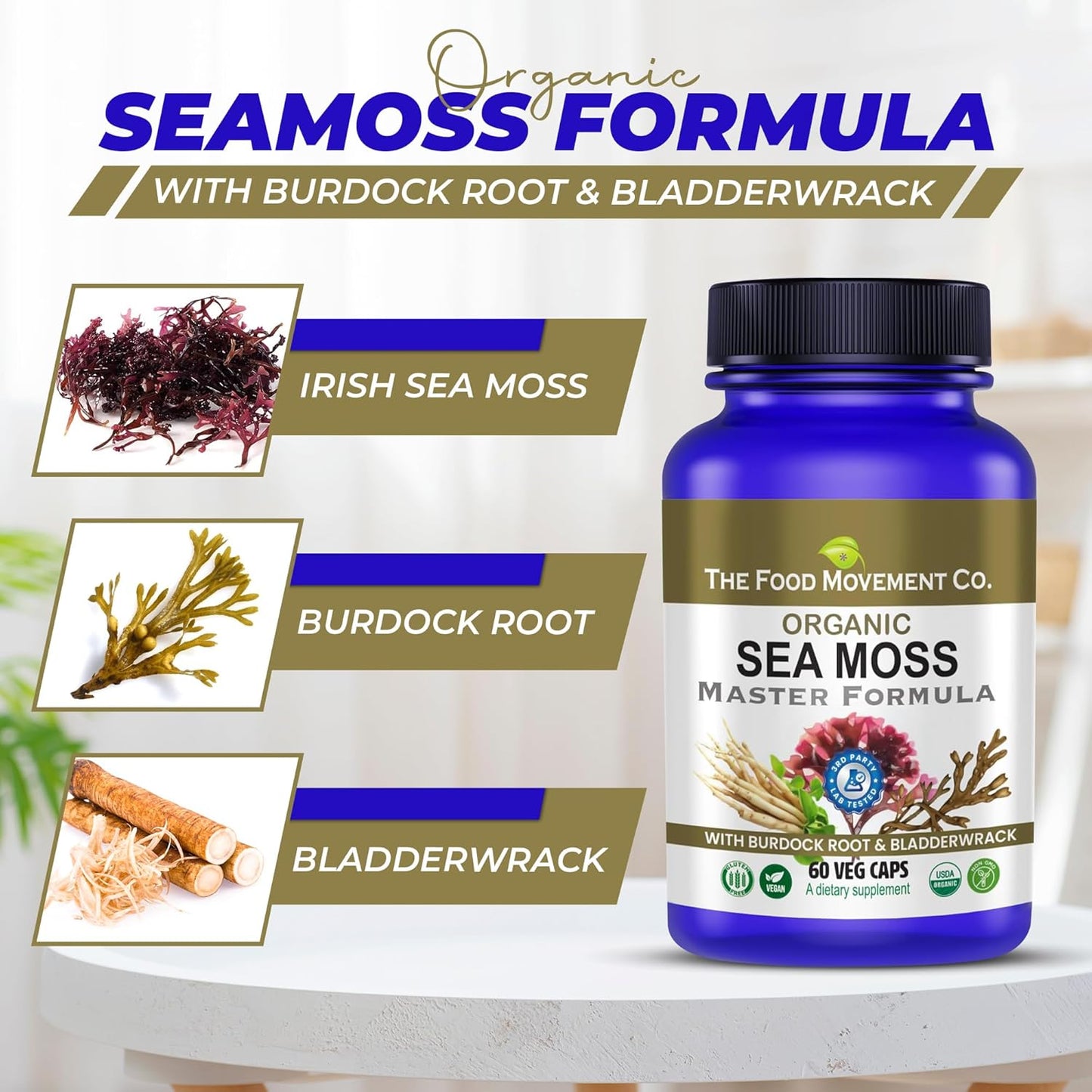 Organic Sea Moss Master Formula with Burdock Root & Bladderwrack for Gut Health - Vegan Supplement for Women & Men - Irish Sea Moss Blend for Well-Being (60) - Espot.com.au