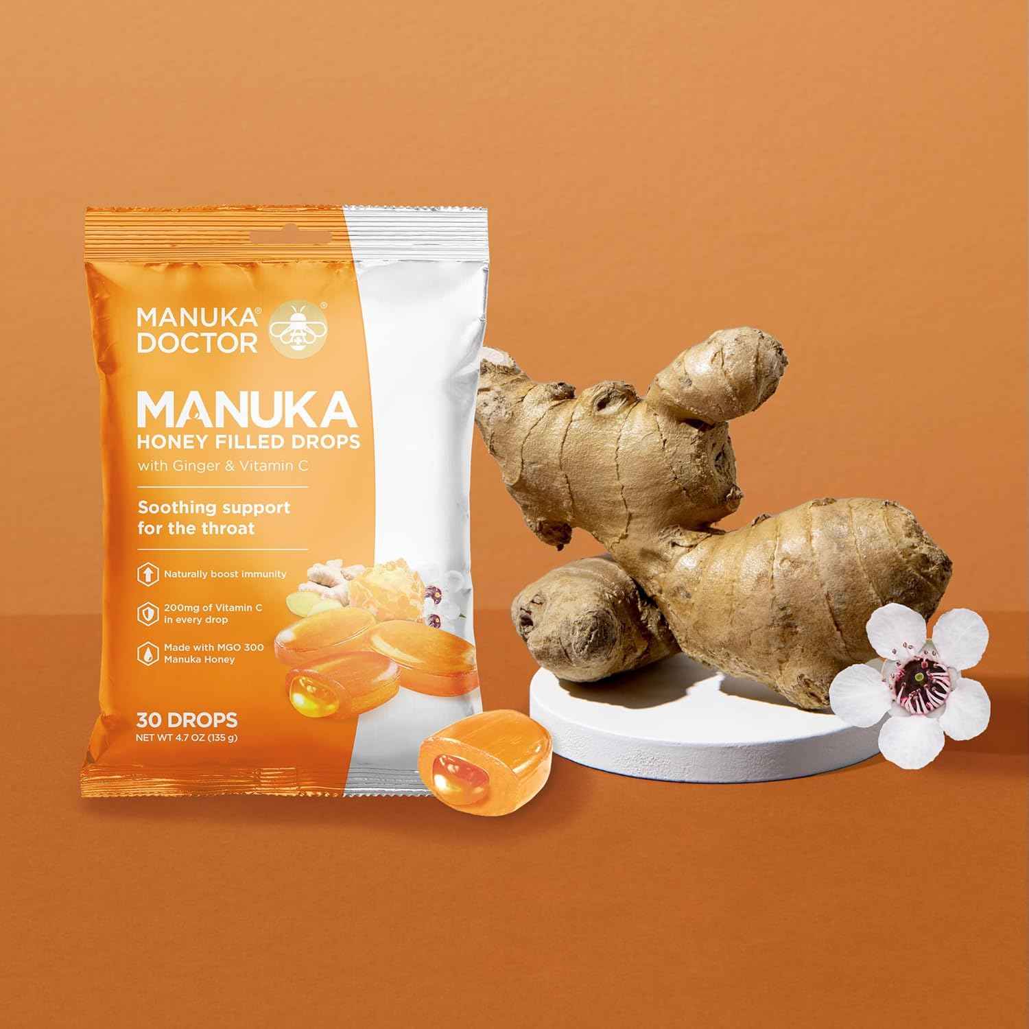 Manuka Doctor Manuka Middles Cough Drops - 4.7 oz Throat Lozenges with Raw Manuka Honey, Vitamin C, Ginger - Immune Support & Sore Throat Relief