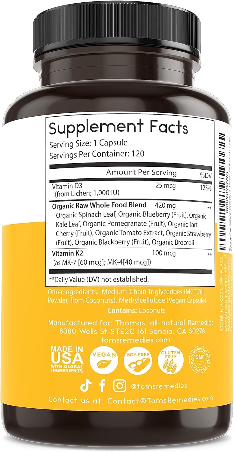 All-Natural D3 + K2 with MCT Oil and Raw Whole Food Blend - 1000 IU D3, Vegan, Made in USA - Supports Heart, Bones & Teeth - Non-GMO - 120ct - Espot.com.au