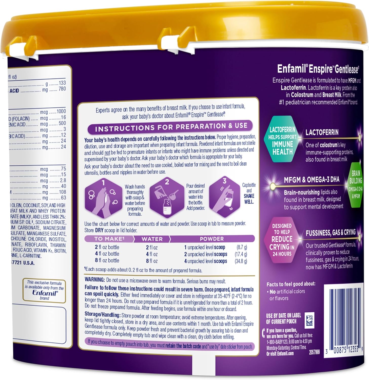 Enfamil Enspire Gentlease Baby Formula with Lactoferrin for Immune Support, DHA for Brain Development, 5 Nutrients in 1 Tub, 19.5 Oz - Espot.com.au