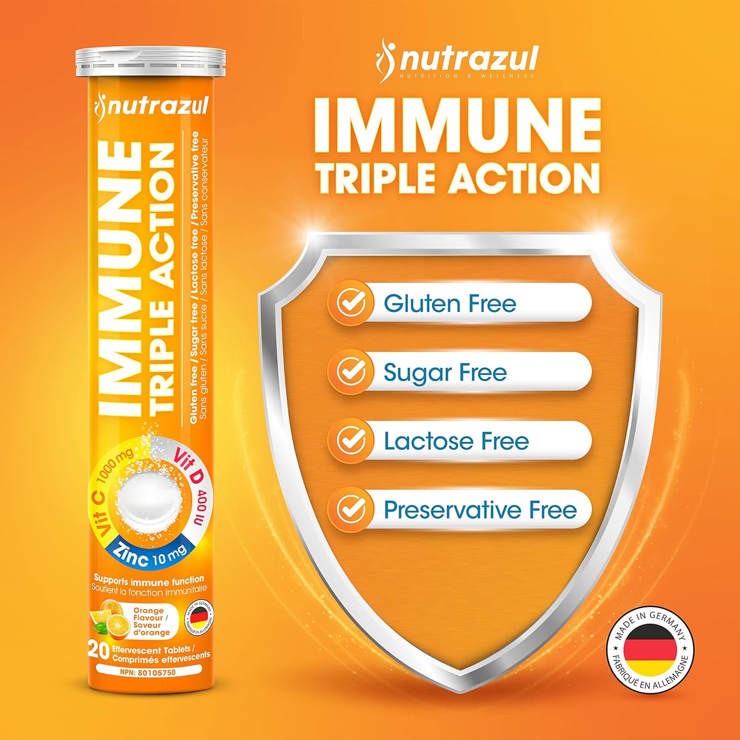nutrazul Immune Triple Action Effervescent Tablets with 1000mg Vitamin C, Vitamin D, and Zinc - Orange Flavor - Pack of 60 - Gluten, Sugar, Lactose, and Preservative Free - Supports Immune Function - Espot.com.au
