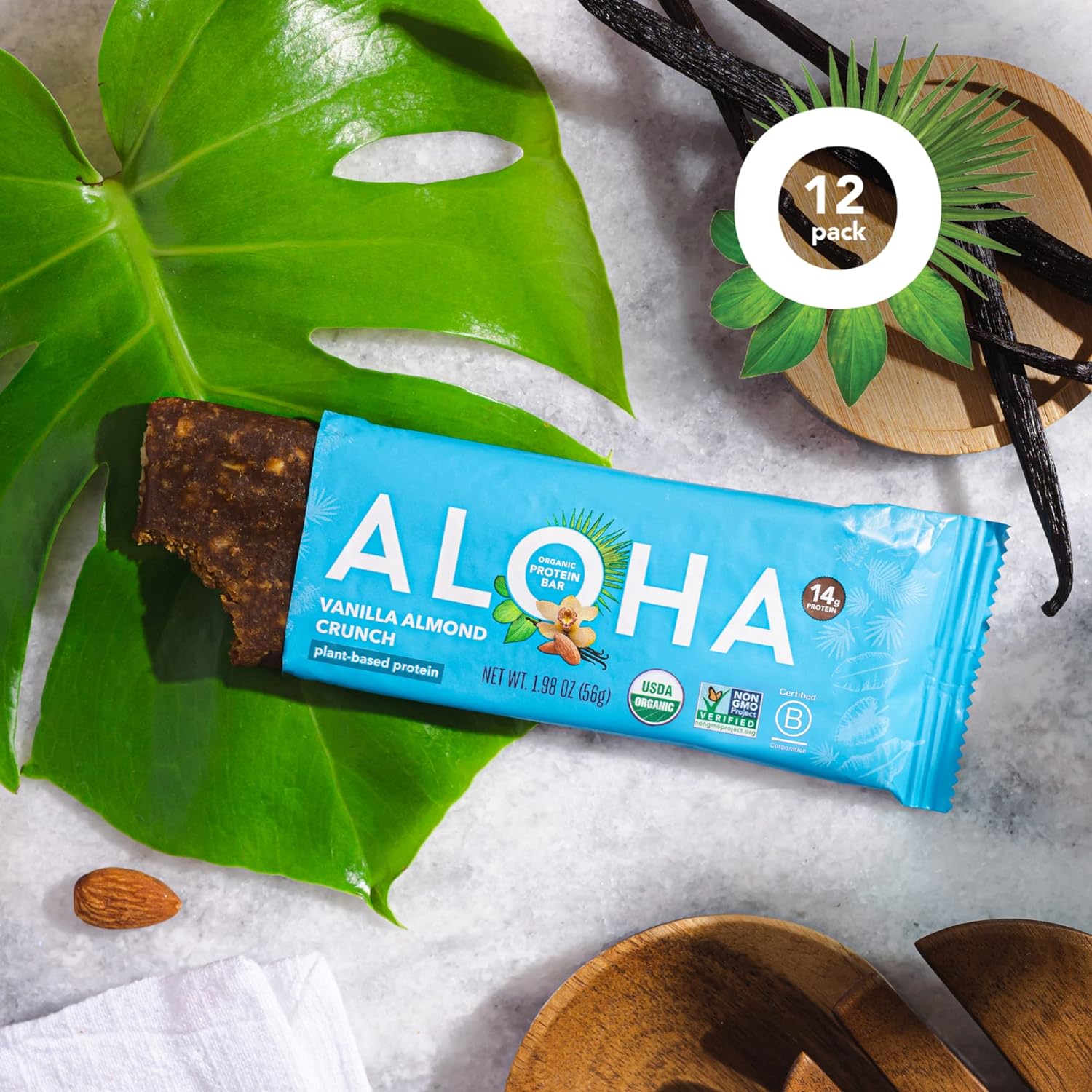 Organic Plant-Based Protein Bars, Vanilla Almond Crunch Flavor, 1.98 oz Bars, Pack of 12 - ALOHA - Espot.com.au