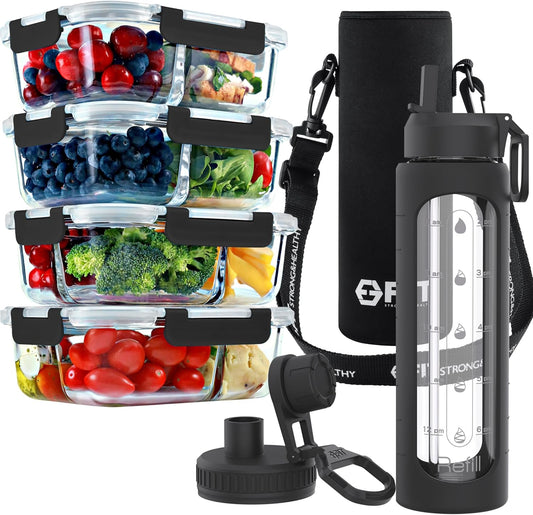 bundle-fit-strong-healthy-glass-meal-prep-containers-4-pack-32-oz-glass-water-bottle-with-straw-lid---time-marker-sleeve-extra-lid-holder-with-strap---32-oz-1