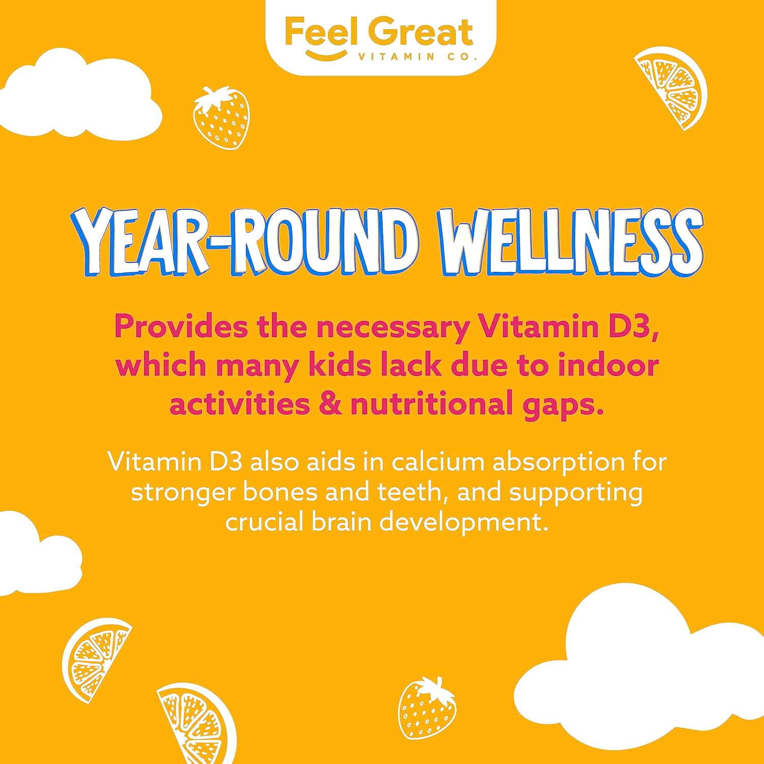 Feel Great Kids Vitamin D3 1000 IU Gummies - Citrus Flavored Vegetarian D3 Gummies for Healthy Bones, Mood, & Immune Support - 90 Day Supply from The Feel Great Vitamin Company - Espot.com.au