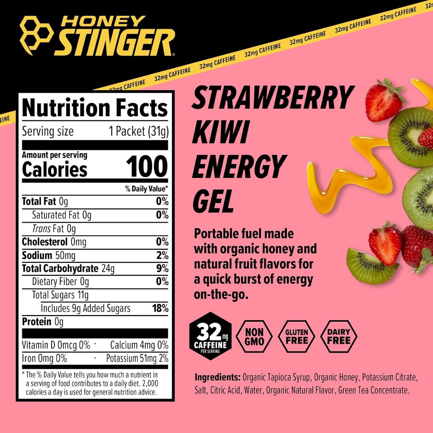 Organic Honey Caffeinated Energy Gel - Strawberry Kiwi Flavor | Gluten Free Sports Nutrition for Exercise, Running, Performance | Pre and Mid Workout Fuel | 24 Pack - Espot.com.au
