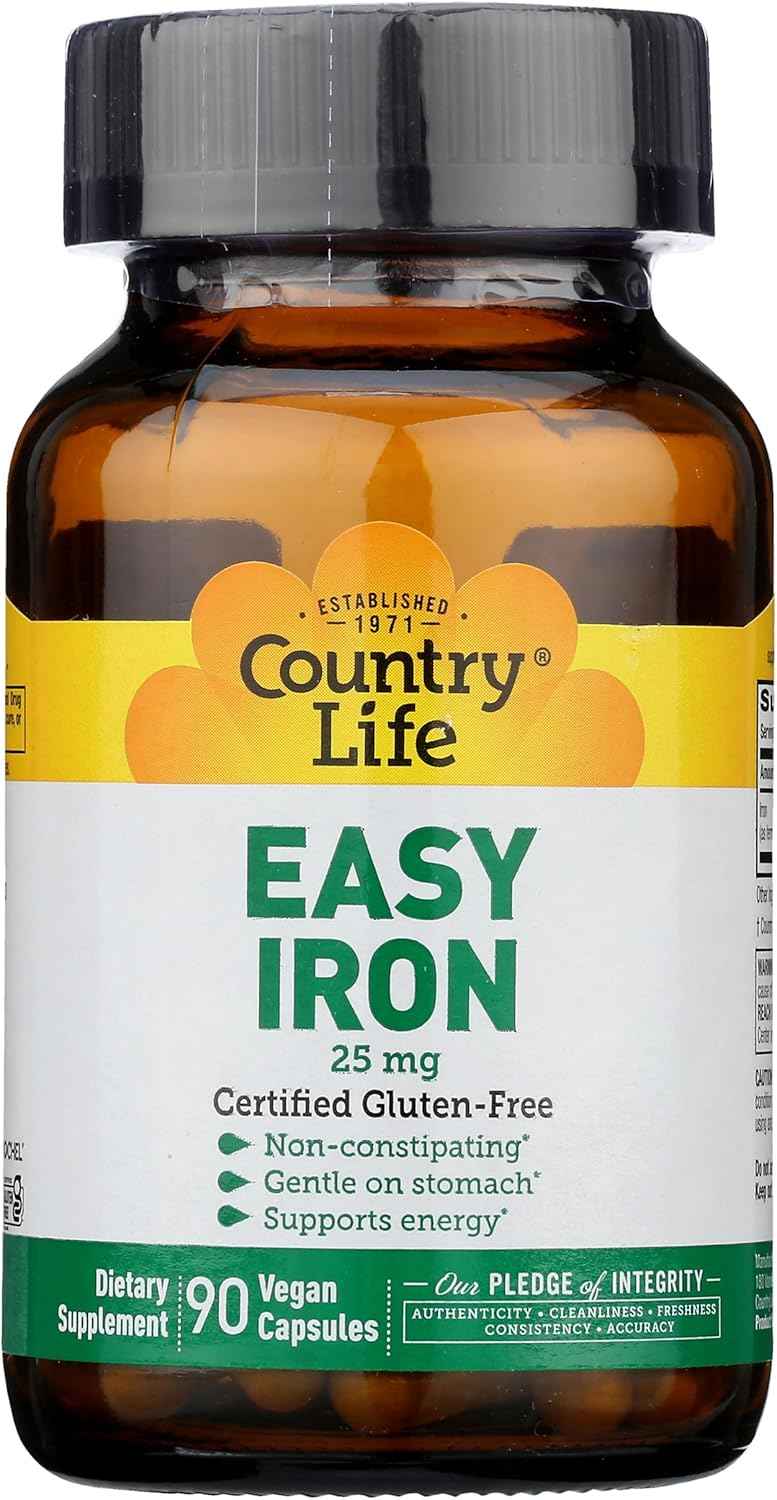 Country Life Easy Iron Capsules - 25mg Ferrochel Supplement for Women & Men - Non-Constipating Vegan Multivitamin for Energy Support