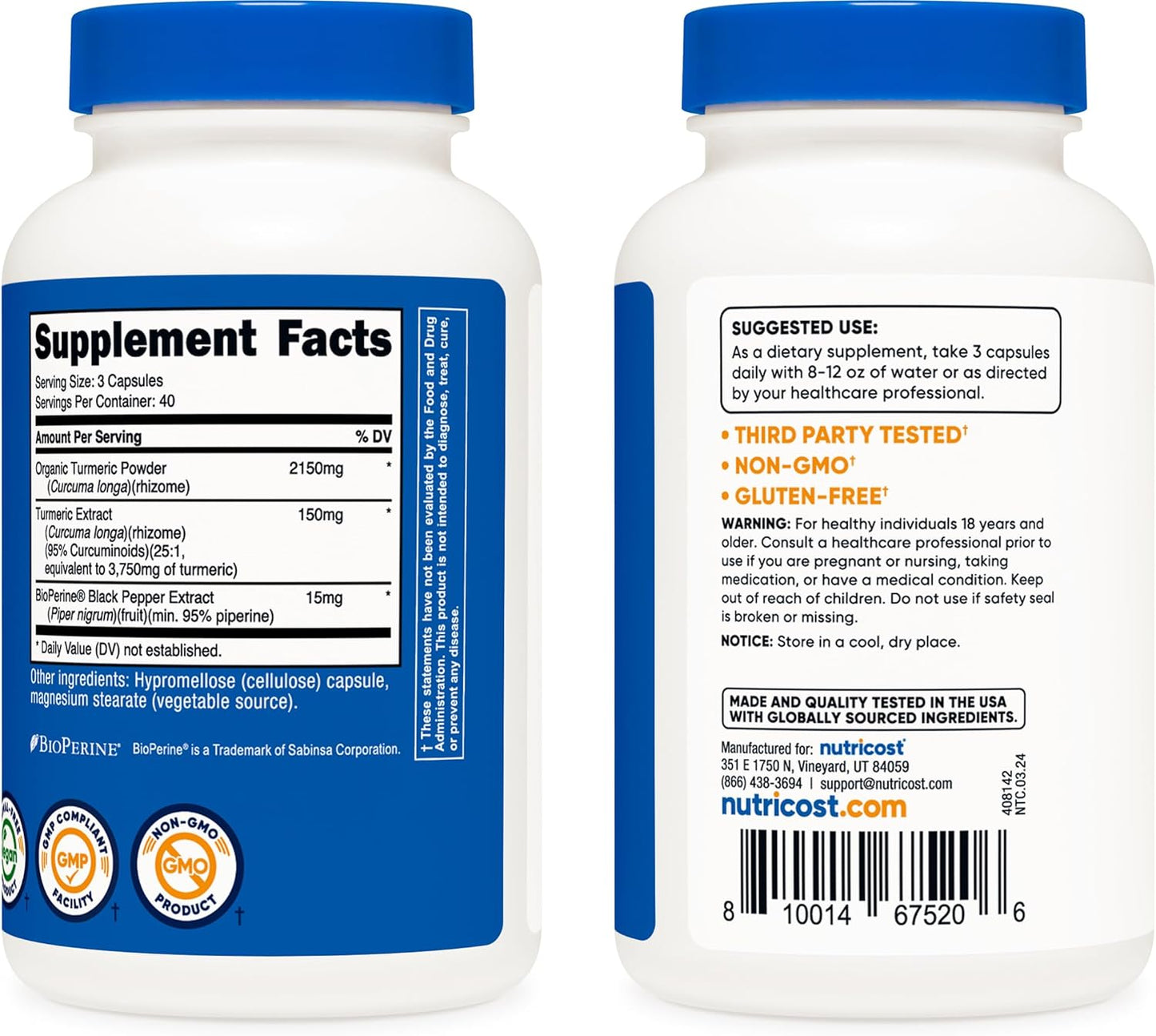 2300mg Turmeric Curcumin with BioPerine, 95% Curcuminoids, 120 Veggie Capsules - Gluten Free, Non-GMO, 40 Servings - Espot.com.au