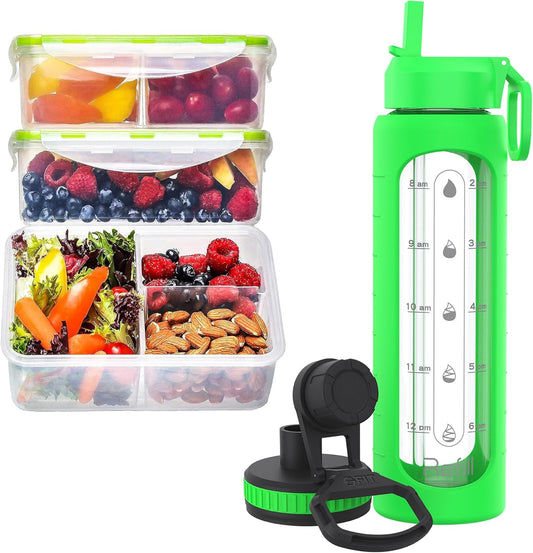 fit-strong-healthy-bento-box-meal-prep-containers-3-pack-with-3-compartments-32-oz-glass-water-bottle-bundle---lunch-containers-for-adults-leak-proof-lids-time-marker-sleeve-extra-lid-1