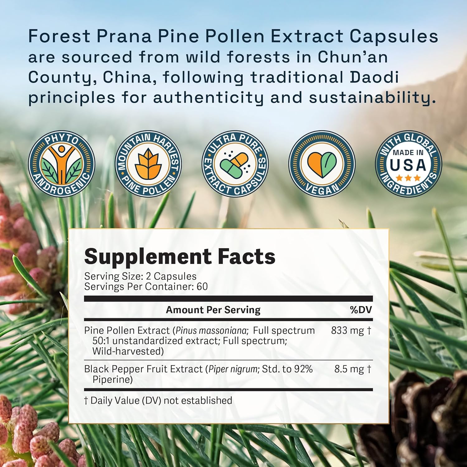 Forest Prana Pine Pollen Extract Capsules - 120 Count Bottle - Premium Mountain Harvest Pine Pollen Supplement - Espot.com.au