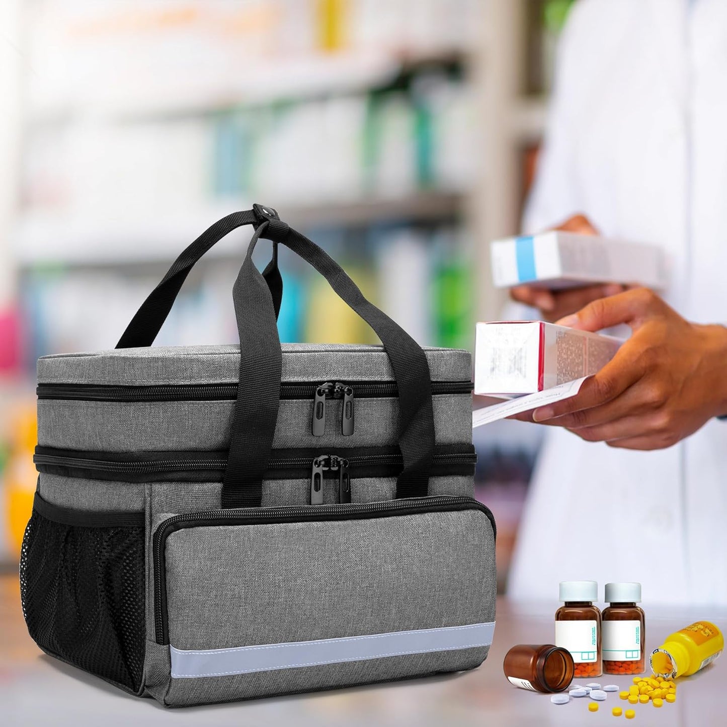 double-layer-pill-bottle-organizer-bag-with-lockable-zippers---medication-storage-case-for-prescription-bottles-and-medical-supplies---gray-patent-design-8