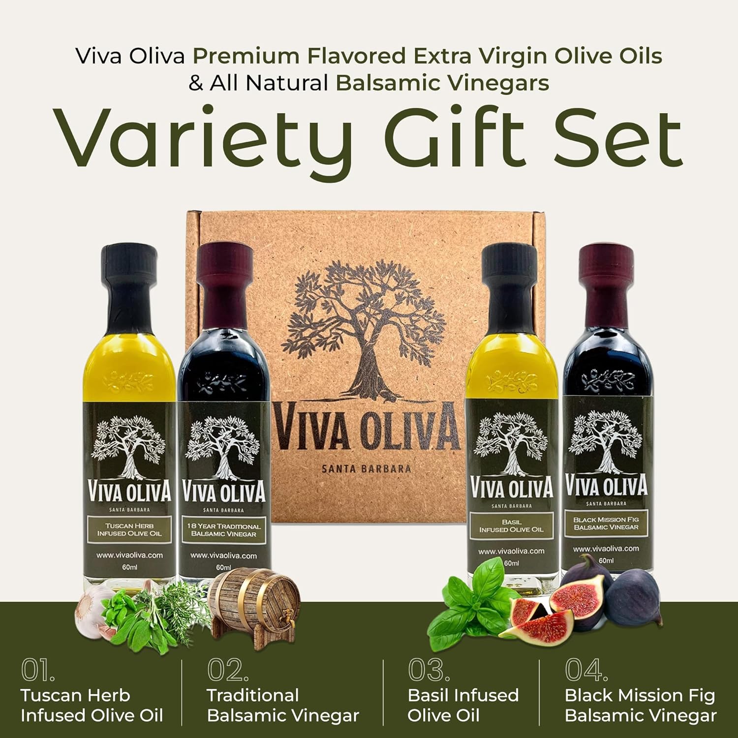 premium-flavored-olive-oil-and-balsamic-vinegar-gift-set---viva-oliva-four-60ml-2oz-variety-pack-with-tuscan-herb-basil-18-year-traditional-and-black-mission-fig---all-natural-ingredients-2