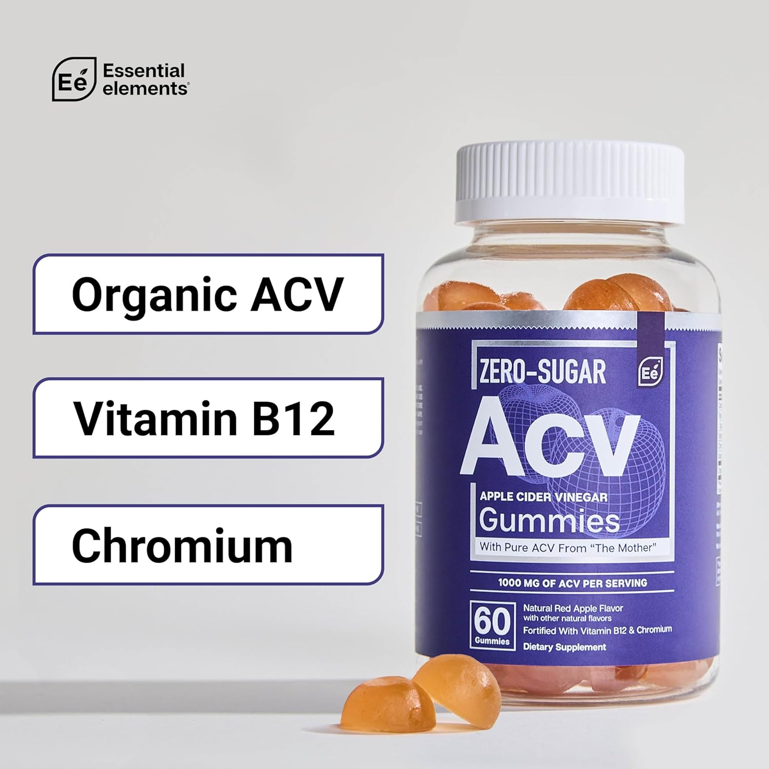 Naturally-Sourced Vegan ACV Gummies with Chromium - Zero-Sugar Apple Cider Vinegar Gummies (2-Pack, 60 Count) - Espot.com.au