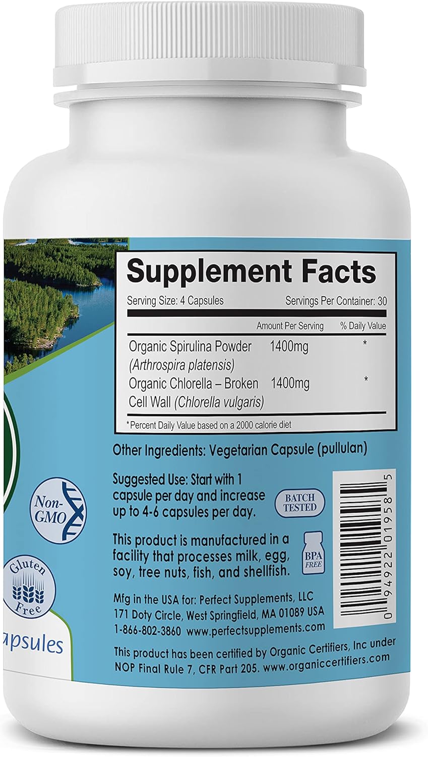 Organic Spirulina and Chlorella Supplement - 120 Vegetable Capsules - Nutritious Superfood - Perfect Aquatic Greens - Espot.com.au
