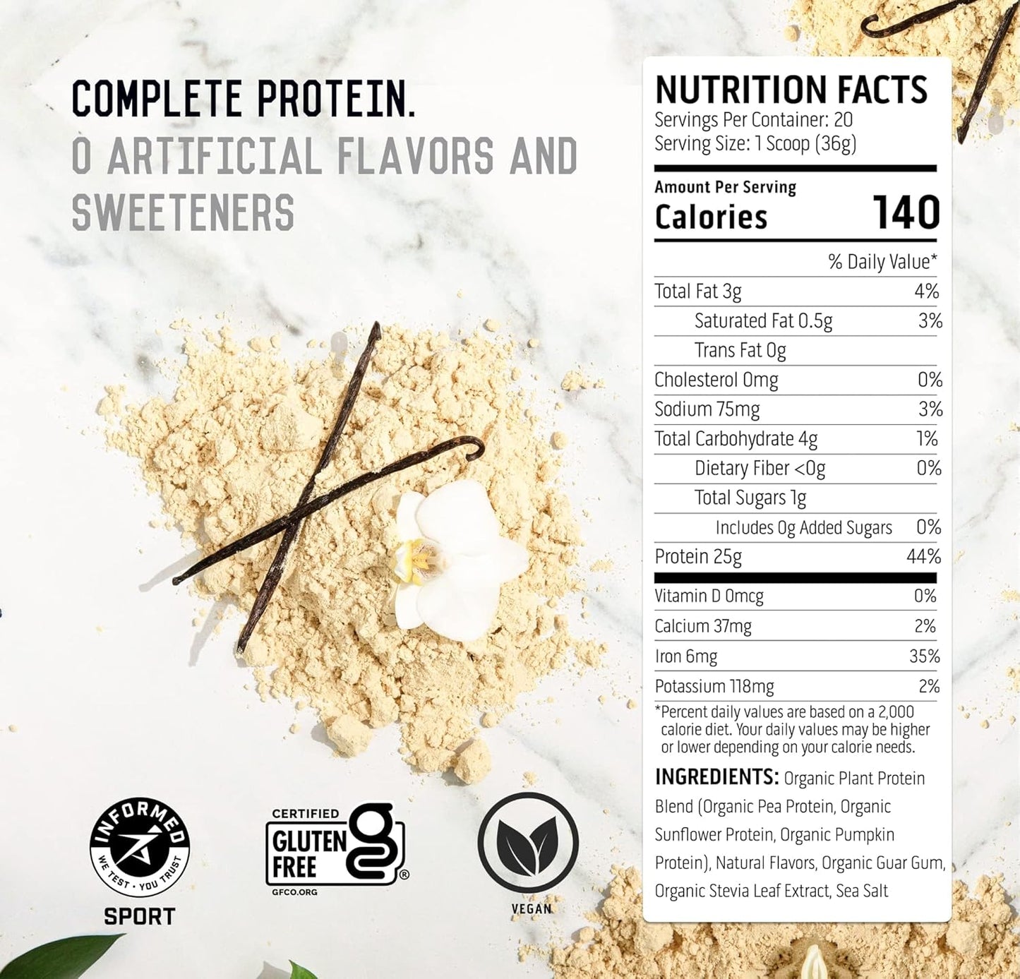 Vanilla Plant Based Protein Powder - Vegan, Dairy-Free, Gluten-Free, No Artificial Ingredients, Non-GMO, Zero Added Sugar - 20 Servings - Espot.com.au