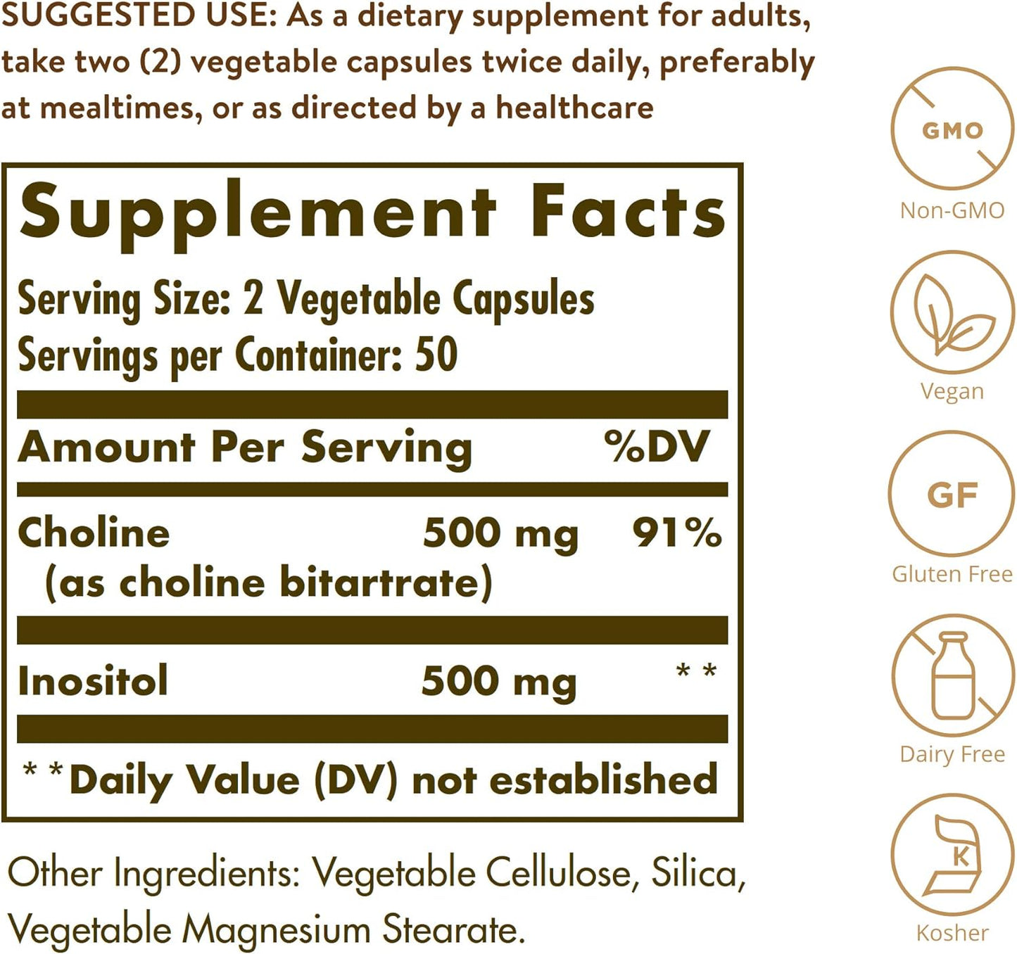 Solgar Choline and Inositol Capsules for Energy Metabolism and Liver Health - 500 mg/500 mg, 100 Capsules - Supports Brain & Nerve Function - Non-GMO, Vegan, Gluten Free, Dairy Free, Kosher - 50 Servings - Espot.com.au