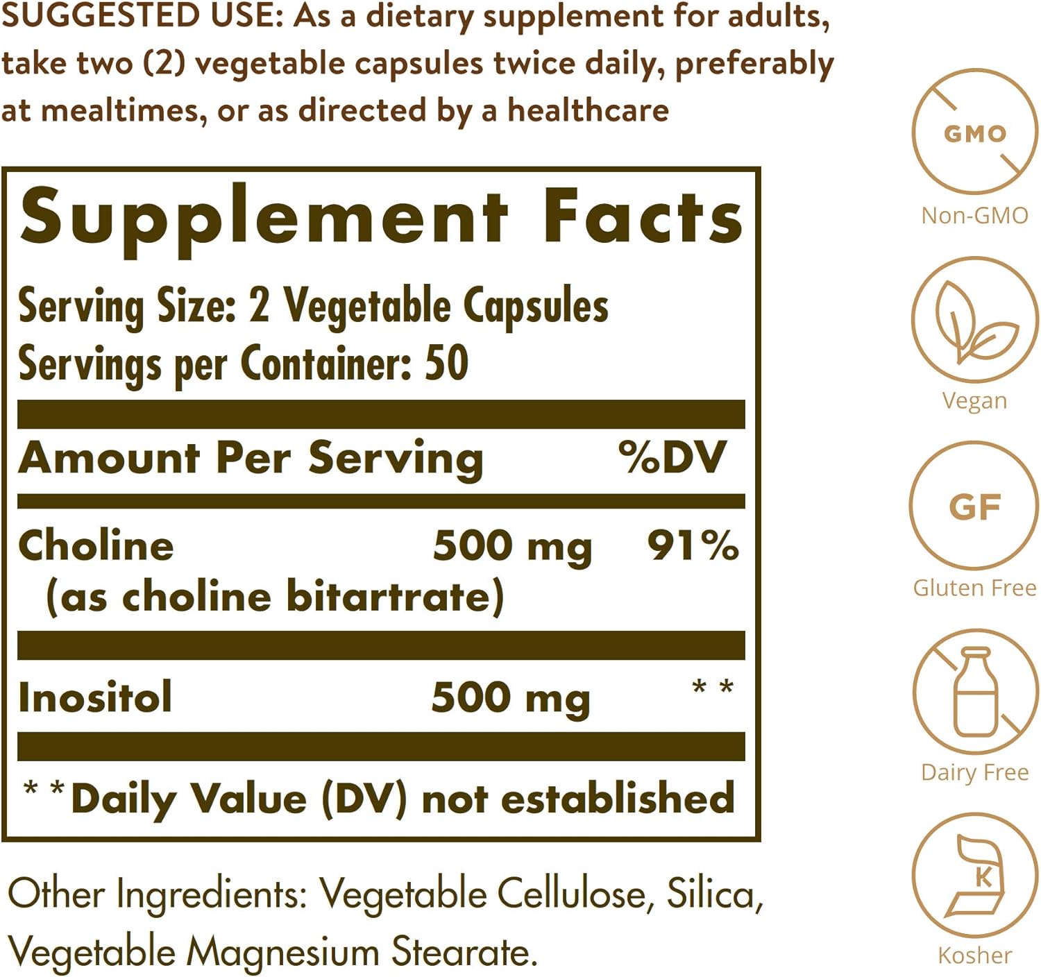 Solgar Choline and Inositol Capsules for Energy Metabolism and Liver Health - 500 mg/500 mg, 100 Capsules - Supports Brain & Nerve Function - Non-GMO, Vegan, Gluten Free, Dairy Free, Kosher - 50 Servings - Espot.com.au