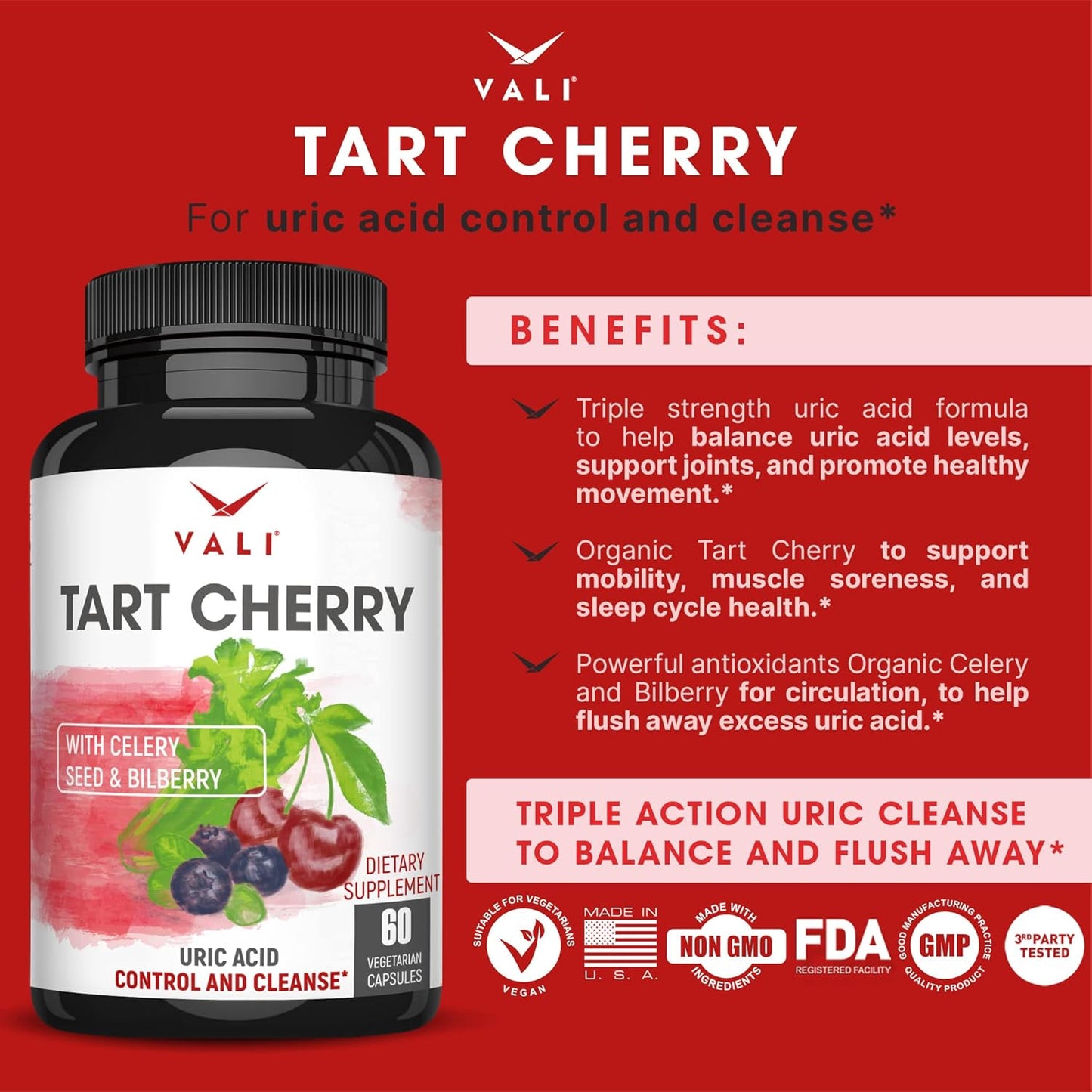 Organic Tart Cherry Uric Acid Cleanse Supplement with Celery & Bilberry Extracts for Joint Support & Muscle Health - 60 Capsules - Espot.com.au