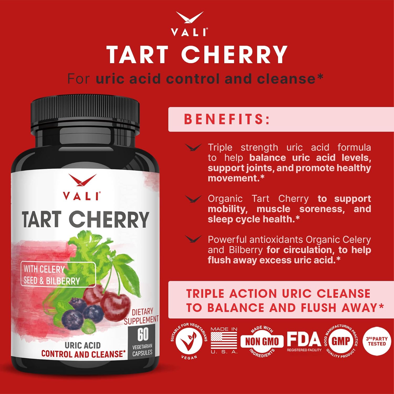 Organic Tart Cherry Uric Acid Cleanse Supplement with Celery & Bilberry Extracts for Joint Support & Muscle Health - 60 Capsules - Espot.com.au