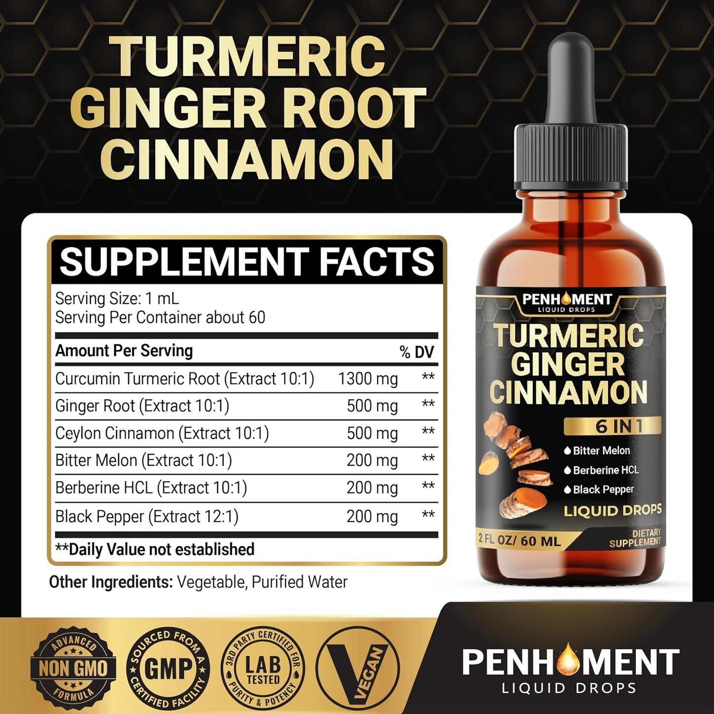 Premium 6-in-1 Liquid Turmeric Curcumin Supplement with Ginger, Berberine, Ceylon Cinnamon, Bitter Melon & Black Pepper - Joint Support Drops - 2FL oz - 60 Servings - Espot.com.au