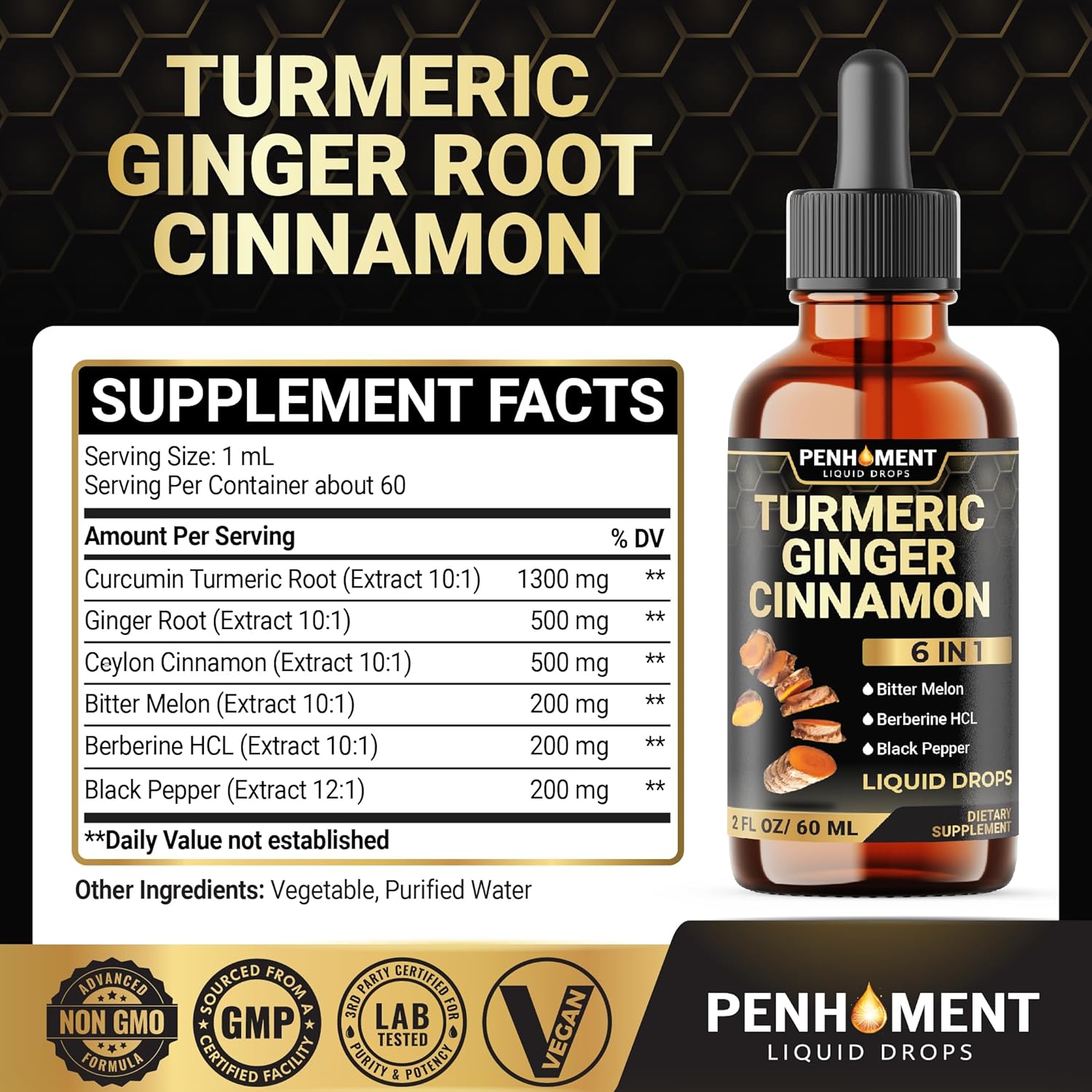Premium 6-in-1 Liquid Turmeric Curcumin Supplement with Ginger, Berberine, Ceylon Cinnamon, Bitter Melon & Black Pepper - Joint Support Drops - 2FL oz - 60 Servings - Espot.com.au
