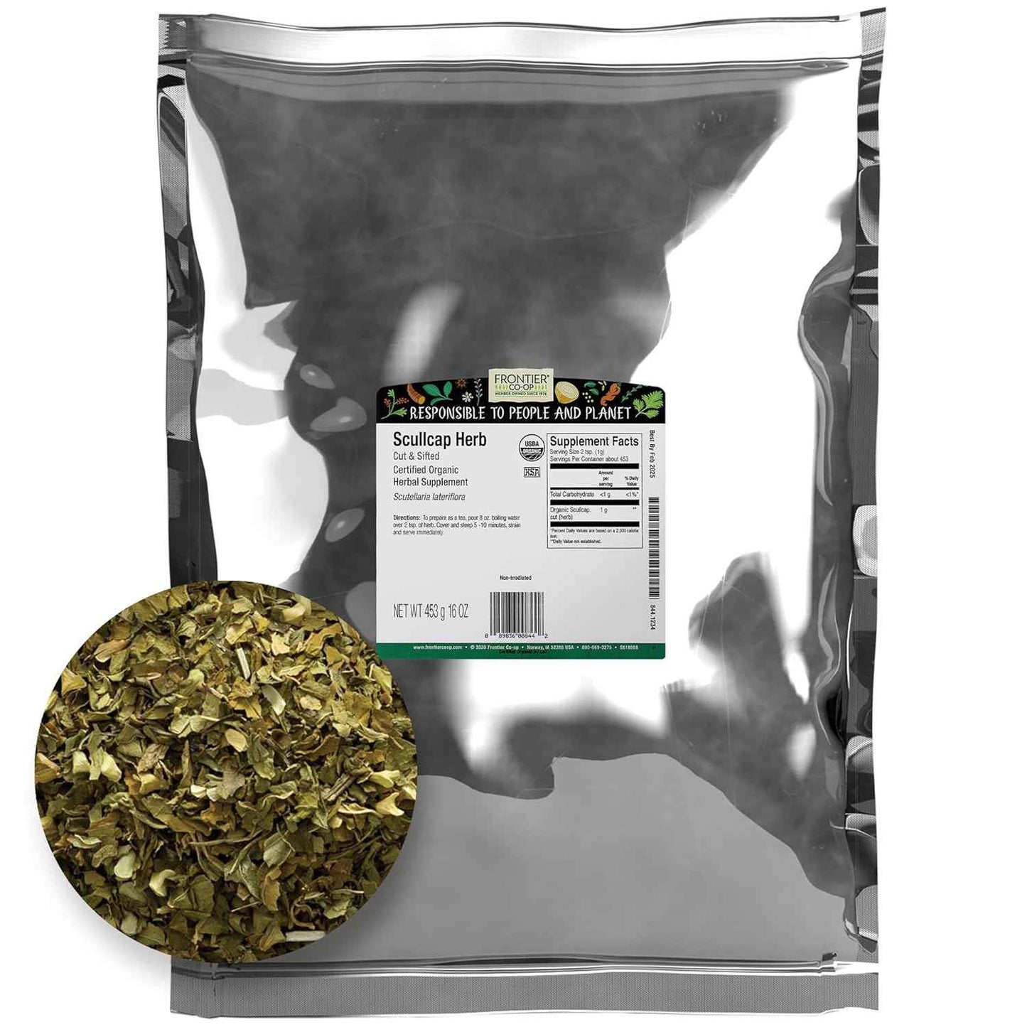 Organic Scullcap Herb Cut & Sifted 1lb - Certified Herbal Supplement for Tincture, Tea, Frontier Co-op Organic Skullcap Herb