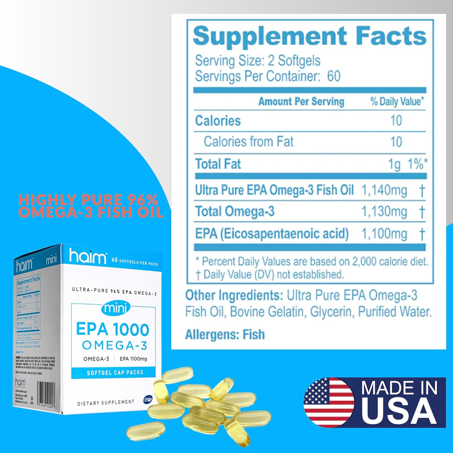Ultra Pure EPA 1000mg Mini Softgels - Heart, Joint, & Mood Support - Burpless Fish Oil Supplement for Overall Health - 60 Mini Softgels - Espot.com.au