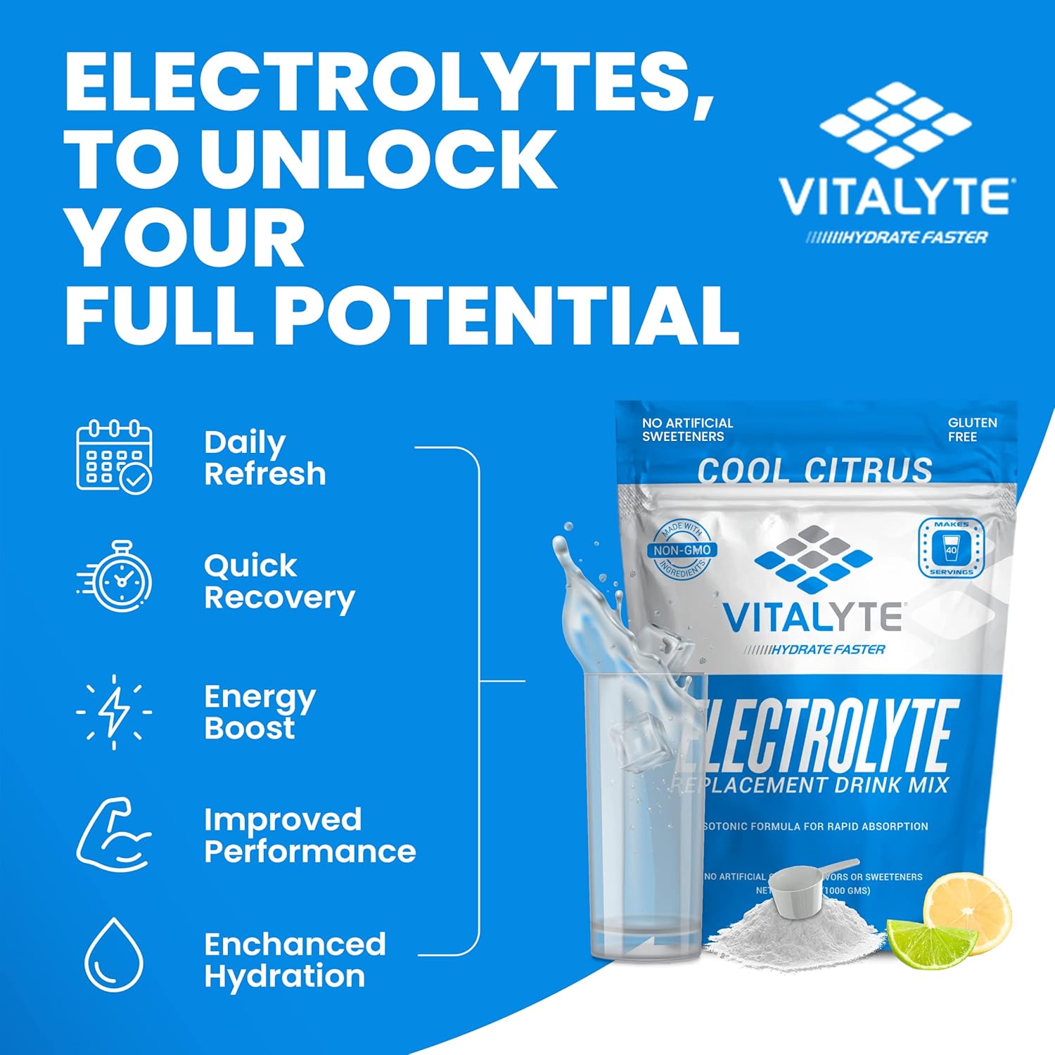 Vitalyte Electrolyte Powder - Isotonic Drink Mix for Hydration, Energy, and Recovery - 35 oz, 40 Servings - Water Enhancer & Rehydration Supplement - Cool Citrus Flavor - 2 Pack for Men, Women, and Sports - Espot.com.au