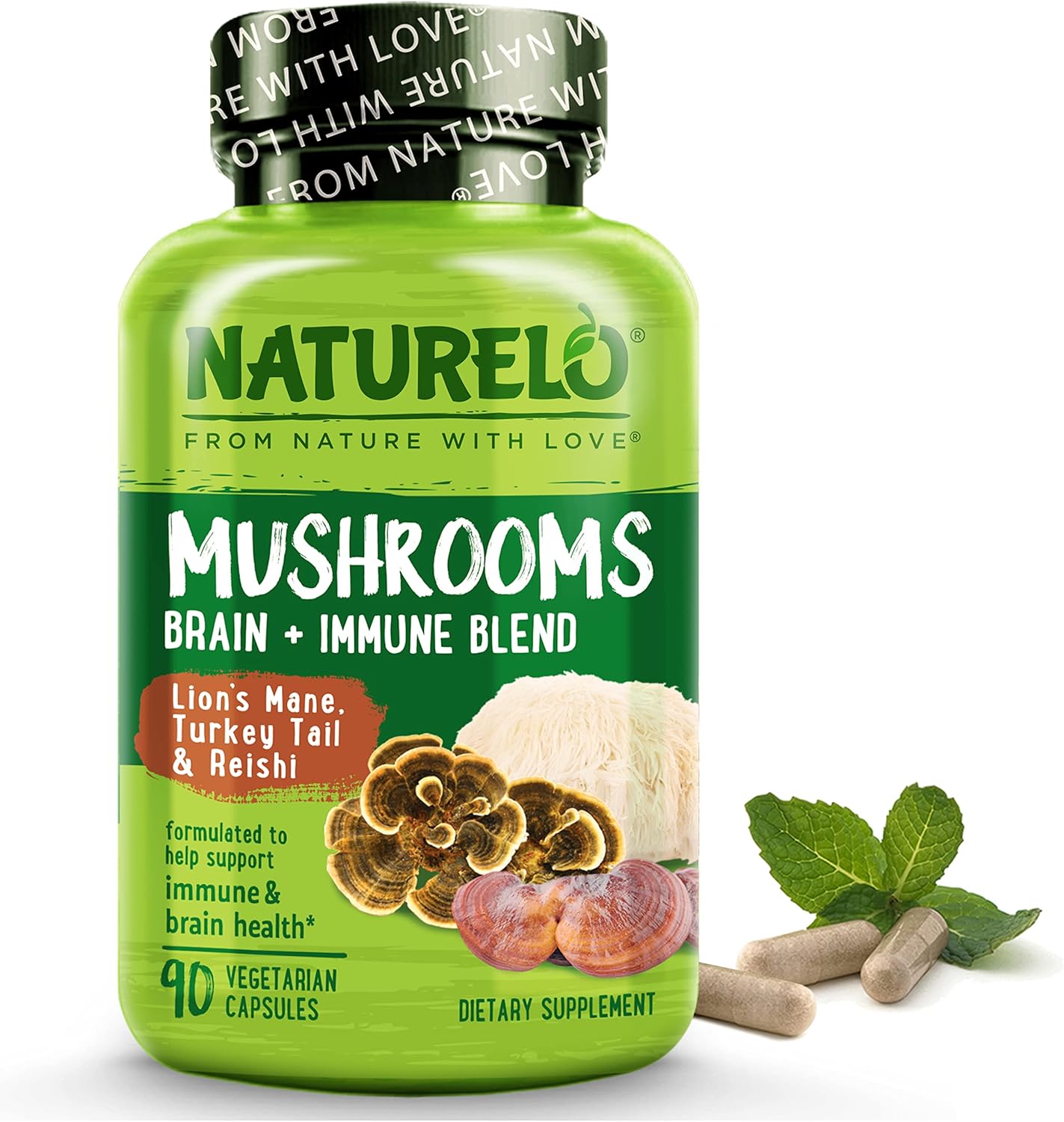 NATURELO Mushroom Supplement for Brain and Immune Health - Lion's Mane, Reishi, Turkey Tail - 90 Vegan Capsules - Espot.com.au