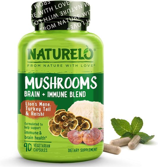 NATURELO Mushroom Supplement for Brain and Immune Health - Lion's Mane, Reishi, Turkey Tail - 90 Vegan Capsules - Espot.com.au