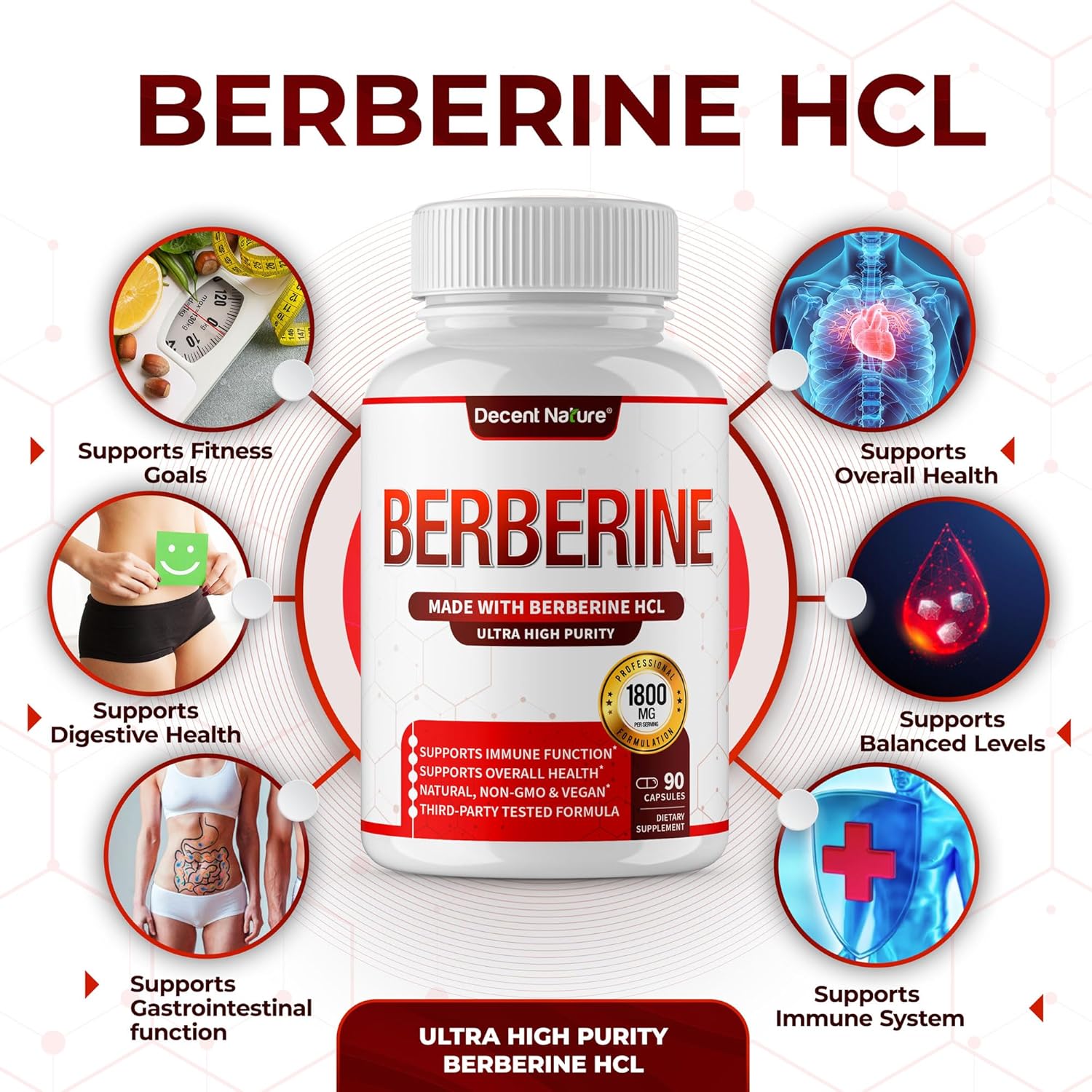 High Potency Berberine HCl Supplement - 1800mg Berberine Plus for Immune Support - 97% Purity, Non-GMO, Vegan - 90 Capsules for Men and Women - Espot.com.au