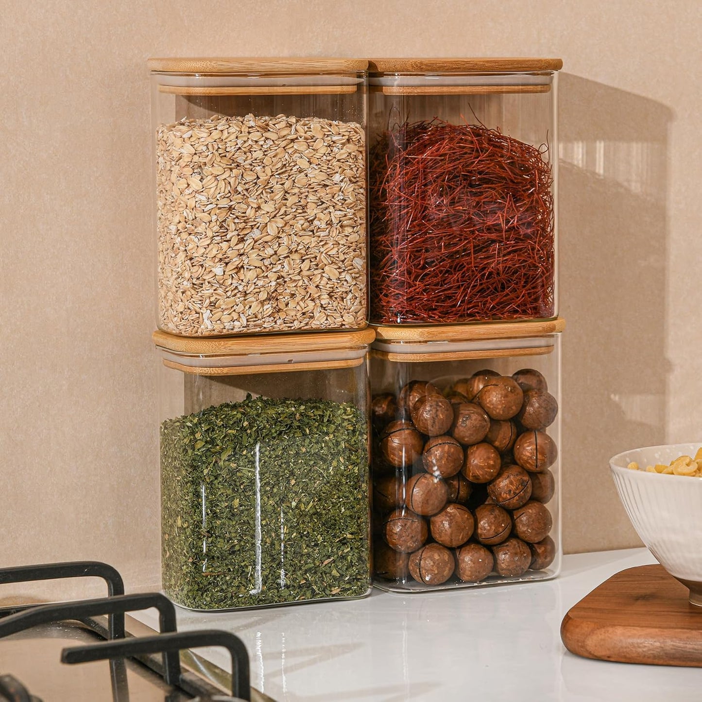 37oz-rectangle-glass-storage-containers-with-bamboo-lids-set-of-4---airtight-food-storage-for-pantry-organization-of-cereal-nuts-snacks-and-coffee-beans-with-black-label-7