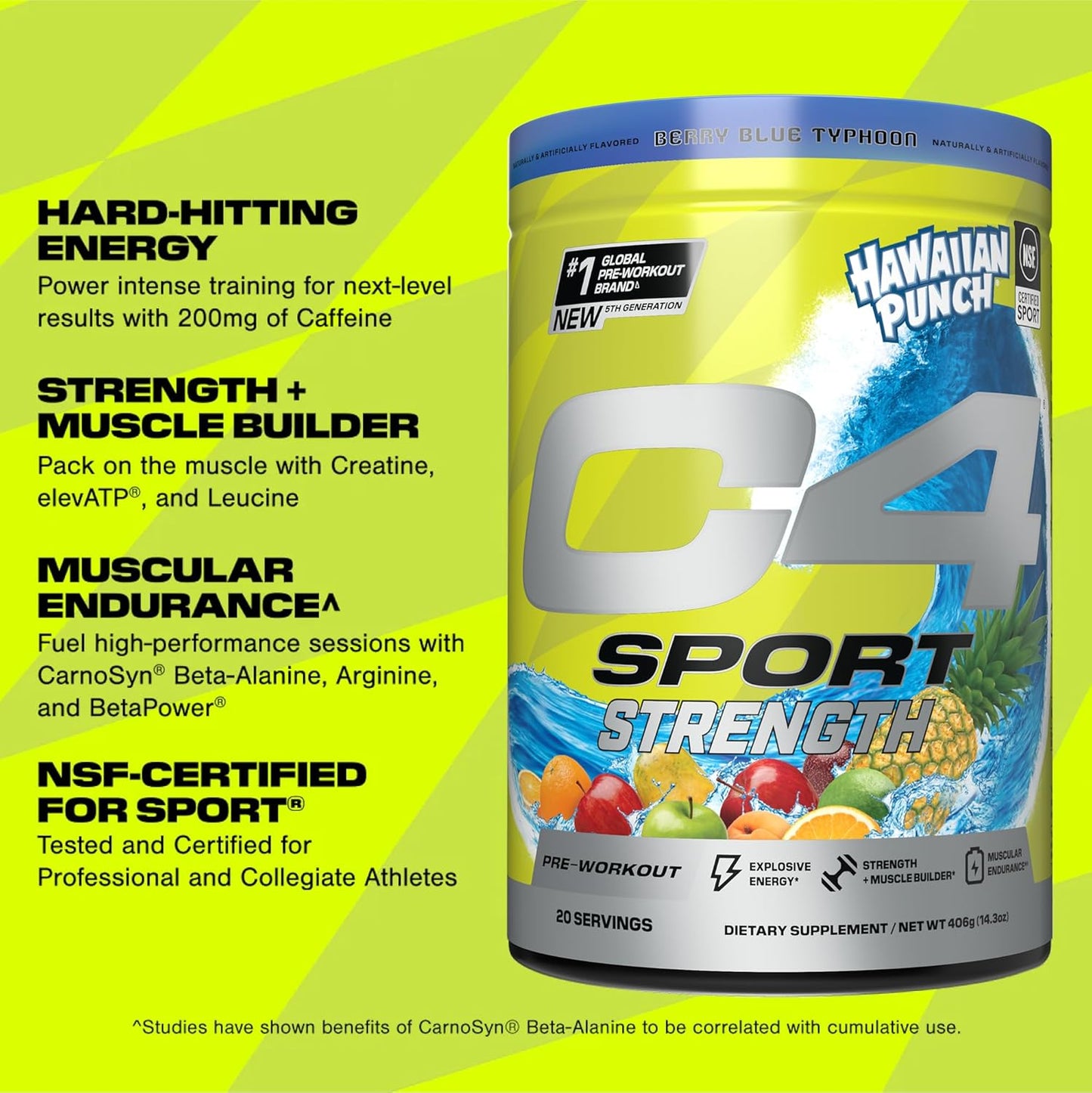 NSF Certified Cellucor C4 Sport Strength Pre Workout Powder with Beta-Alanine, Creatine, 200mg Caffeine - Sugar Free Energy Supplement in Hawaiian Punch Berry Blue Flavor - 20 Servings for Men & Women - Espot.com.au