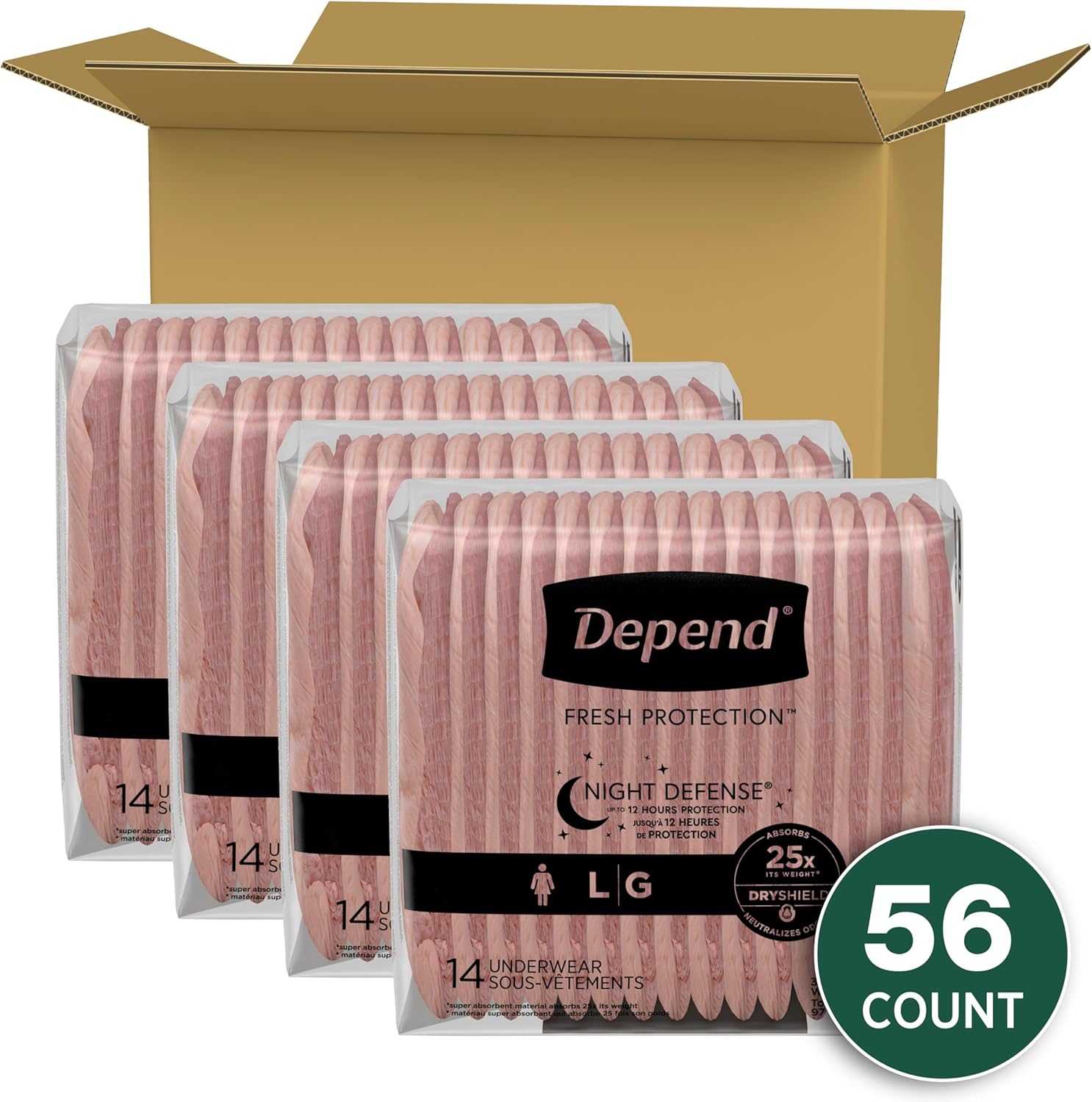 Disposable Overnight Incontinence Underwear for Women - Large, Blush, 56 Count - 4 Packs of 14 - Depend Night Defense - Postpartum & Bladder Leak Protection - Varies Packaging - Espot.com.au