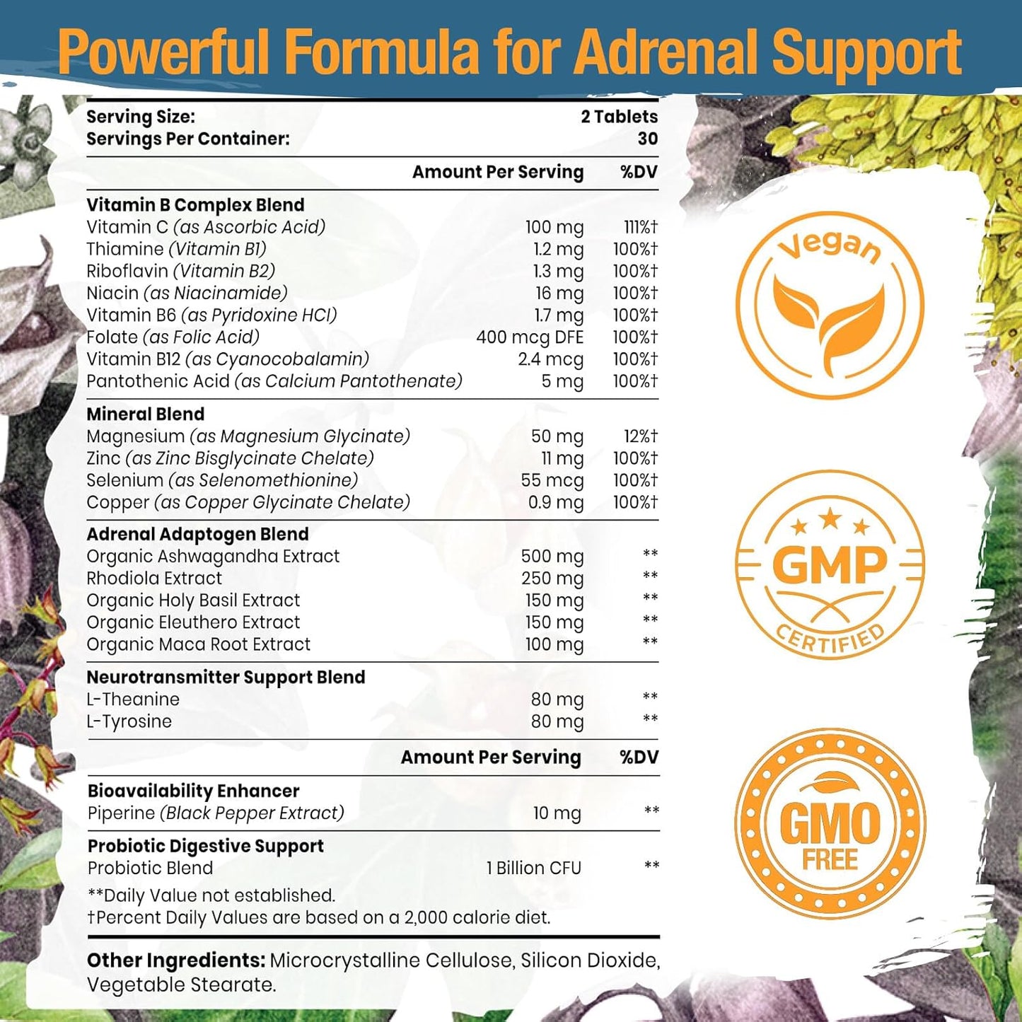 Adrenal Support Supplement with Adaptogens for Energy & Mood - 120 Vegan Tablets, Non-GMO - Rhodiola Rosea, Ashwagandha, Holy Basil, Eleuthero - Women & Men - Espot.com.au