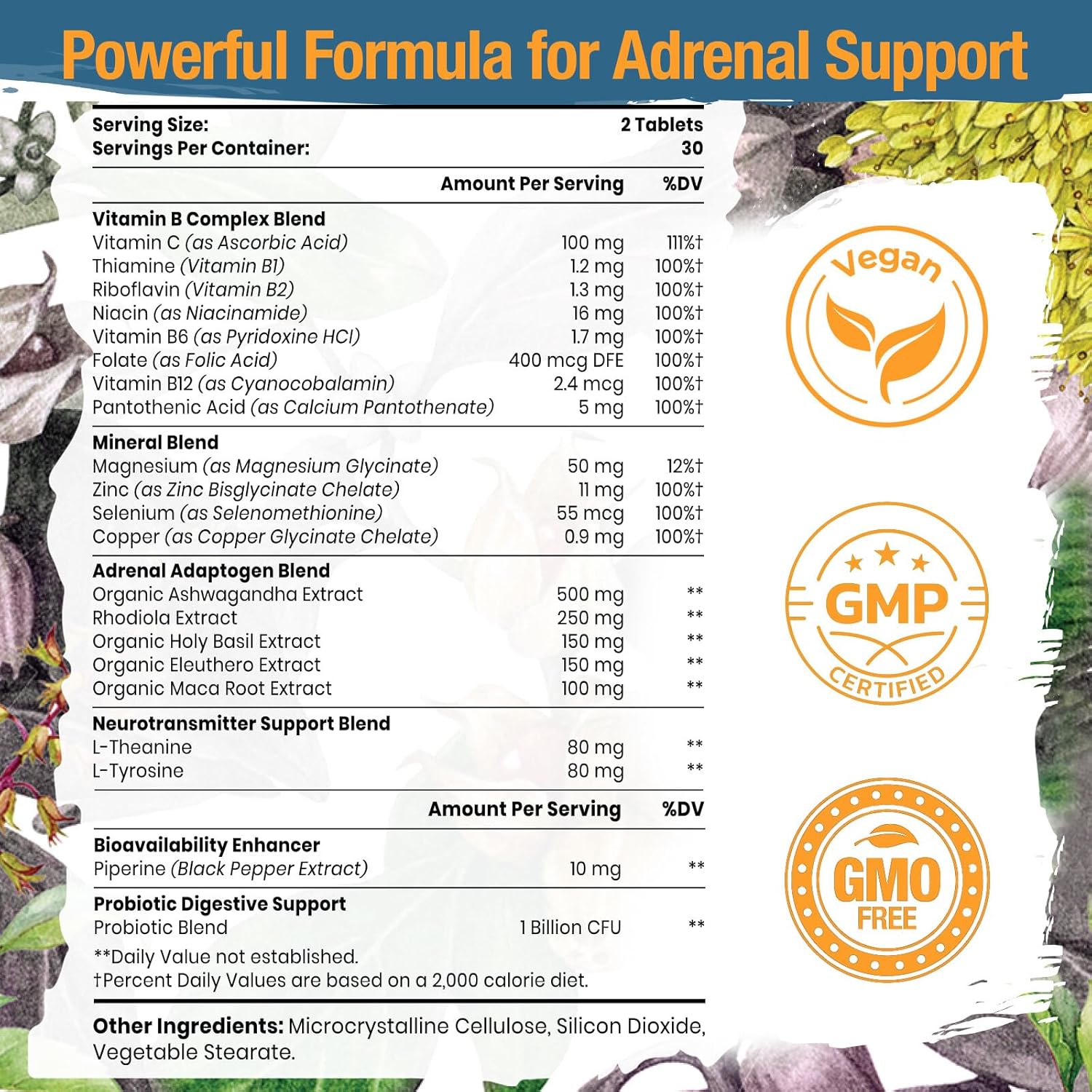 Adrenal Support Supplement with Adaptogens for Energy & Mood - 120 Vegan Tablets, Non-GMO - Rhodiola Rosea, Ashwagandha, Holy Basil, Eleuthero - Women & Men - Espot.com.au