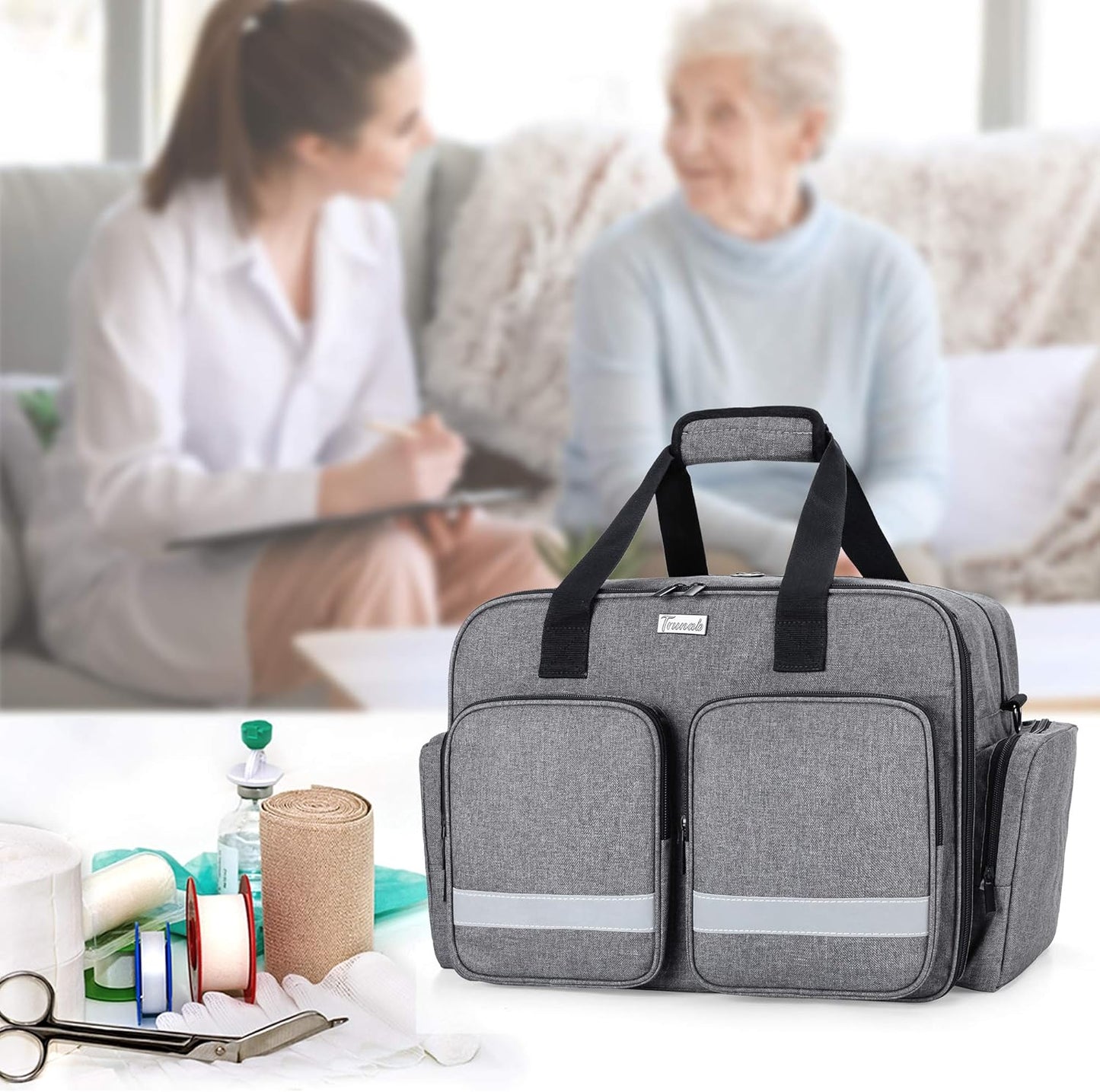 trunab-grey-first-aid-bag-for-nurse-doctor-paramedic---empty-medical-bag-with-laptop-compartment---patented-design-for-home-care-nurses-7