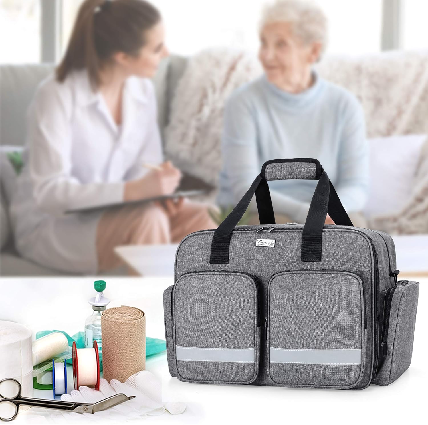 trunab-grey-first-aid-bag-for-nurse-doctor-paramedic---empty-medical-bag-with-laptop-compartment---patented-design-for-home-care-nurses-7