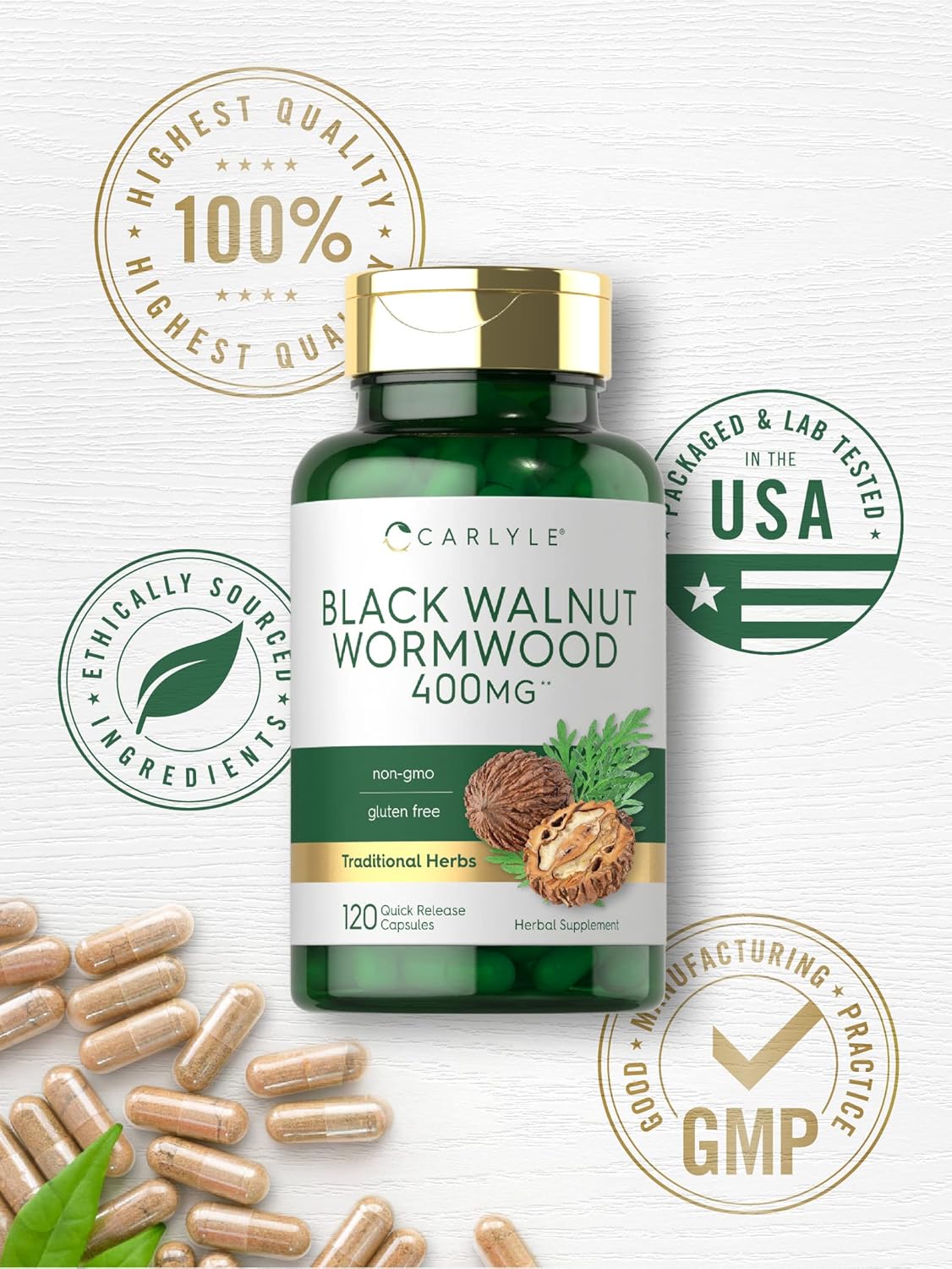 Carlyle Black Walnut Wormwood Herbal Complex Capsules - 120 Count | Non-GMO, Gluten Free - Espot.com.au