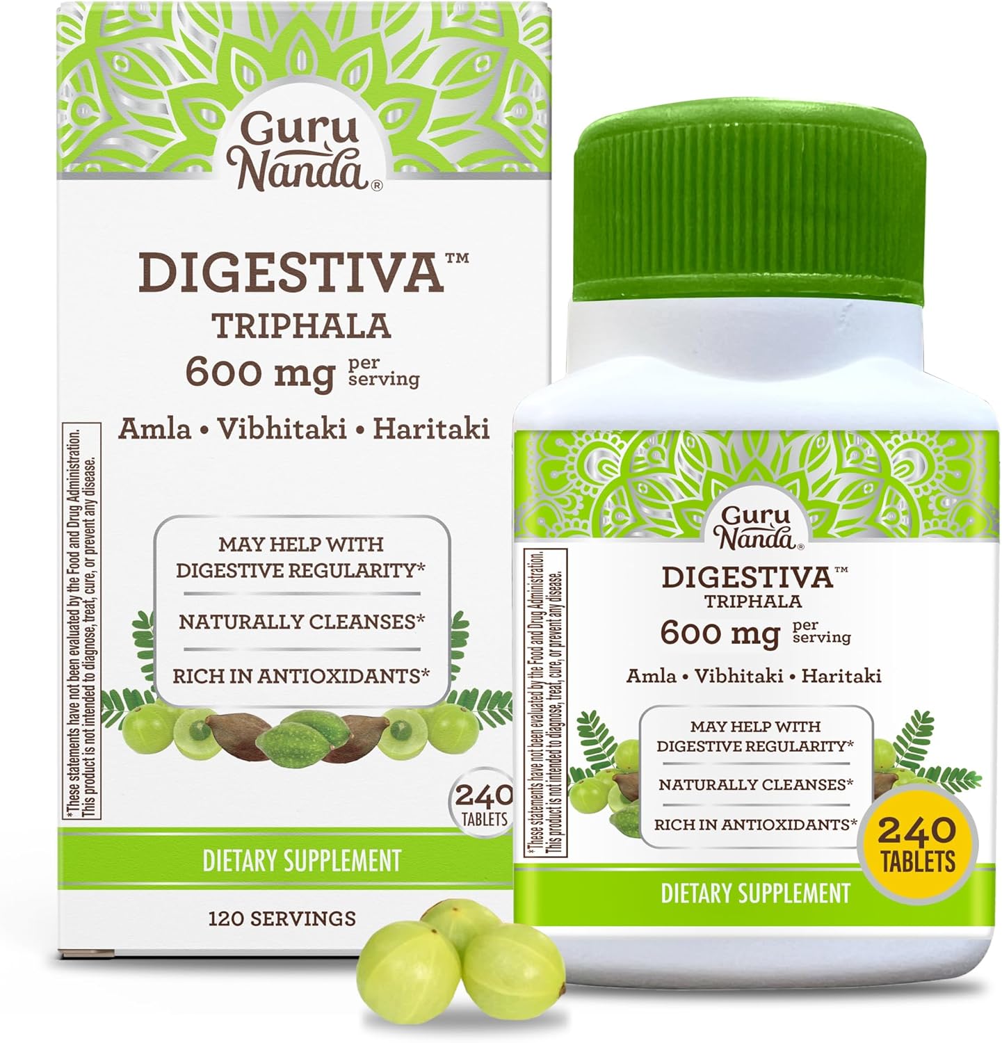 Digestive Support Tablets with Triphala Blend - 240 Count, Amla, Haritaki & Bibhitaki for Bloating & Constipation Relief, Natural Dietary Supplement by GuruNanda - Espot.com.au