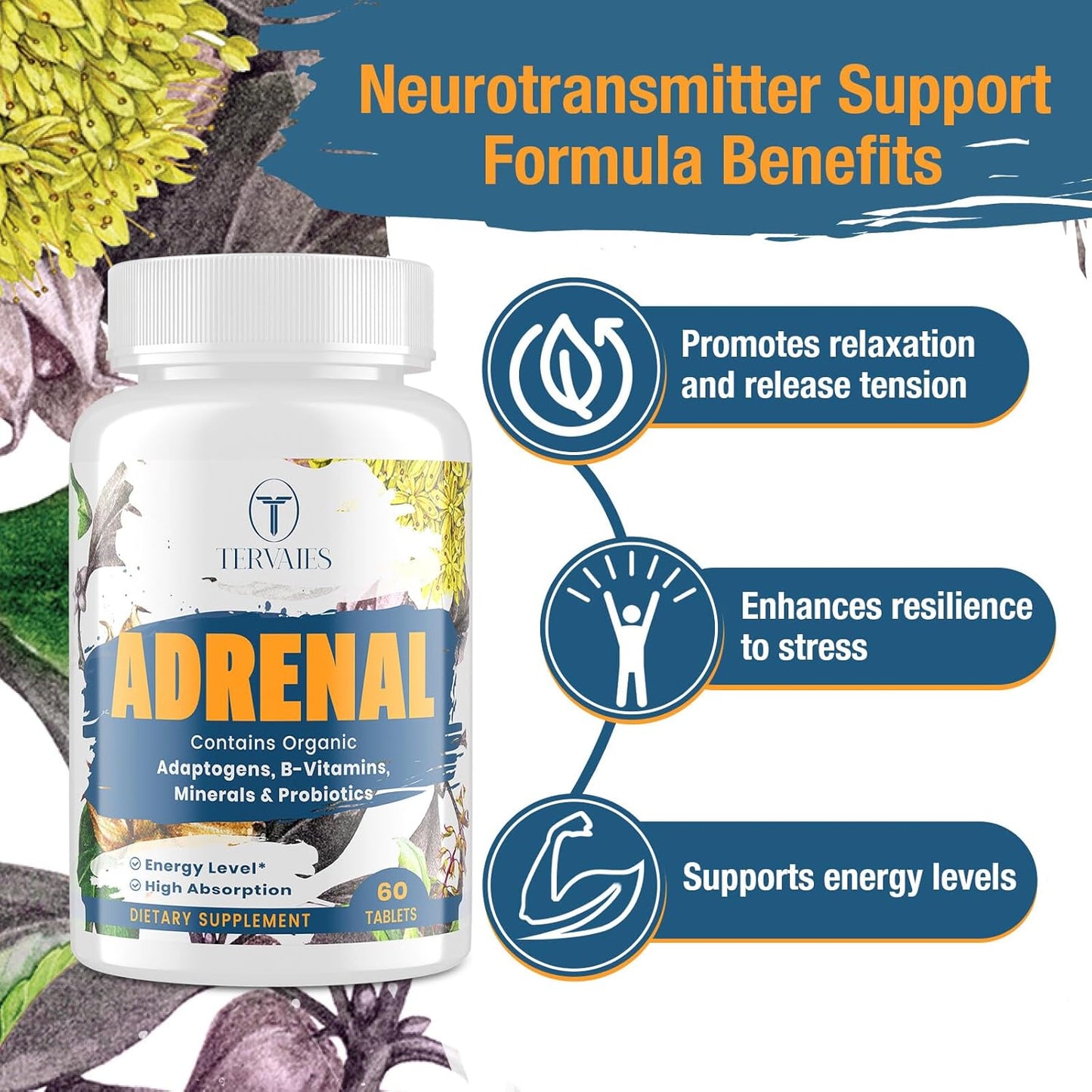 Adrenal Support Supplement with Adaptogens for Energy & Mood - 120 Vegan Tablets, Non-GMO - Rhodiola Rosea, Ashwagandha, Holy Basil, Eleuthero - Women & Men - Espot.com.au