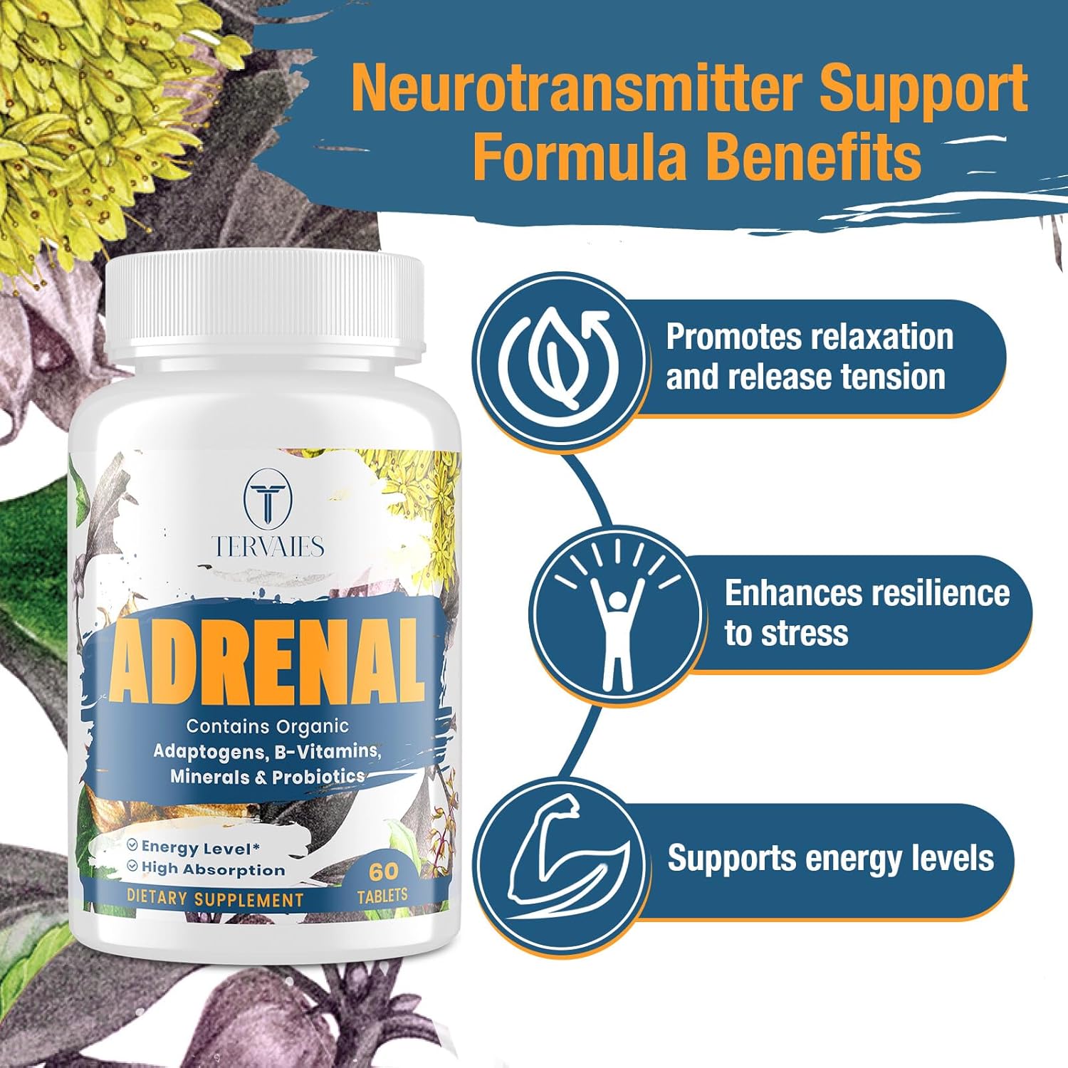 Adrenal Support Supplement with Adaptogens for Energy & Mood - 120 Vegan Tablets, Non-GMO - Rhodiola Rosea, Ashwagandha, Holy Basil, Eleuthero - Women & Men - Espot.com.au